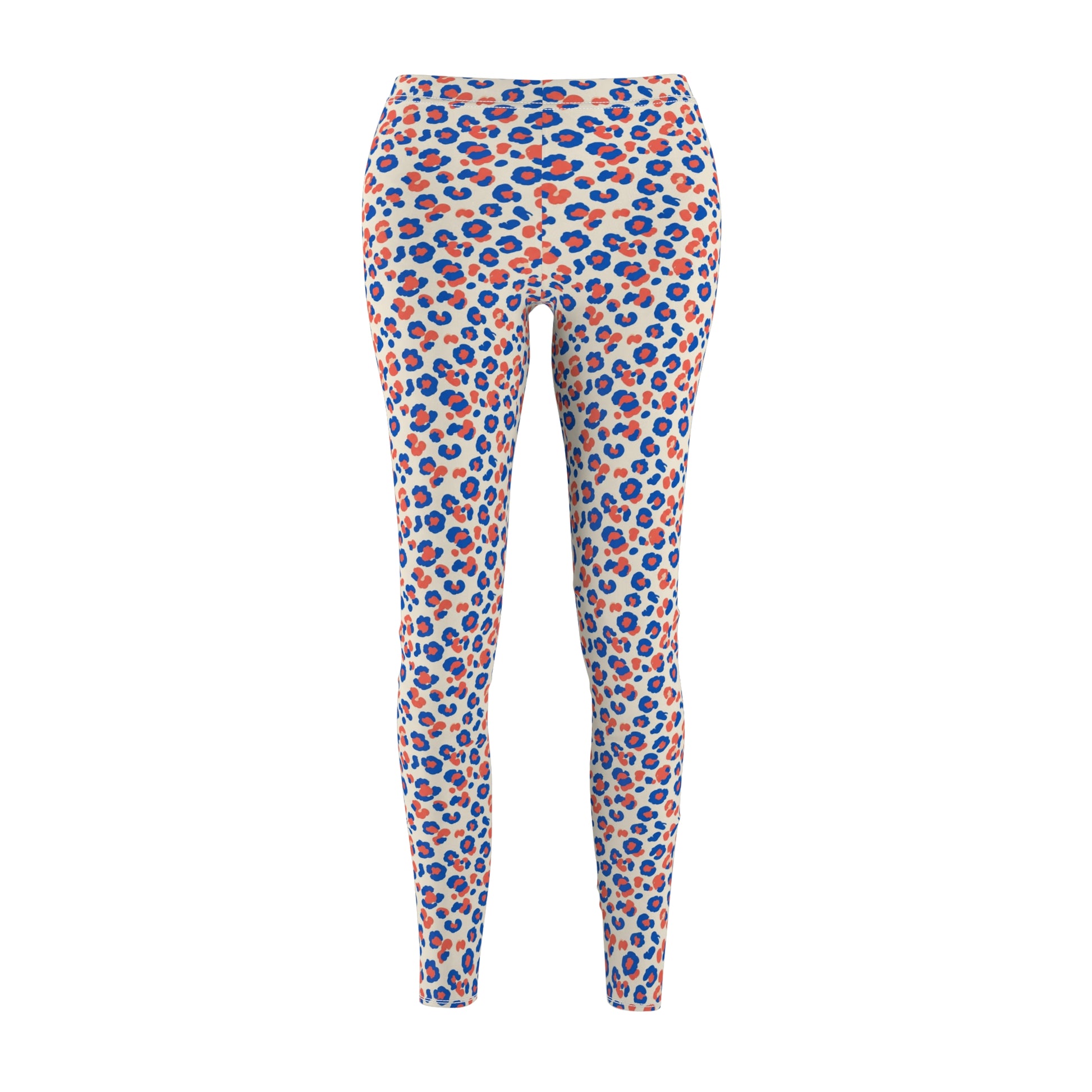 A pair of high-waisted leggings with an all-over abstract leopard-like spot pattern in blue, orange, and cream on a white background. Comfortable Colorful Pastel Leopard Print Leggings Casual Wear