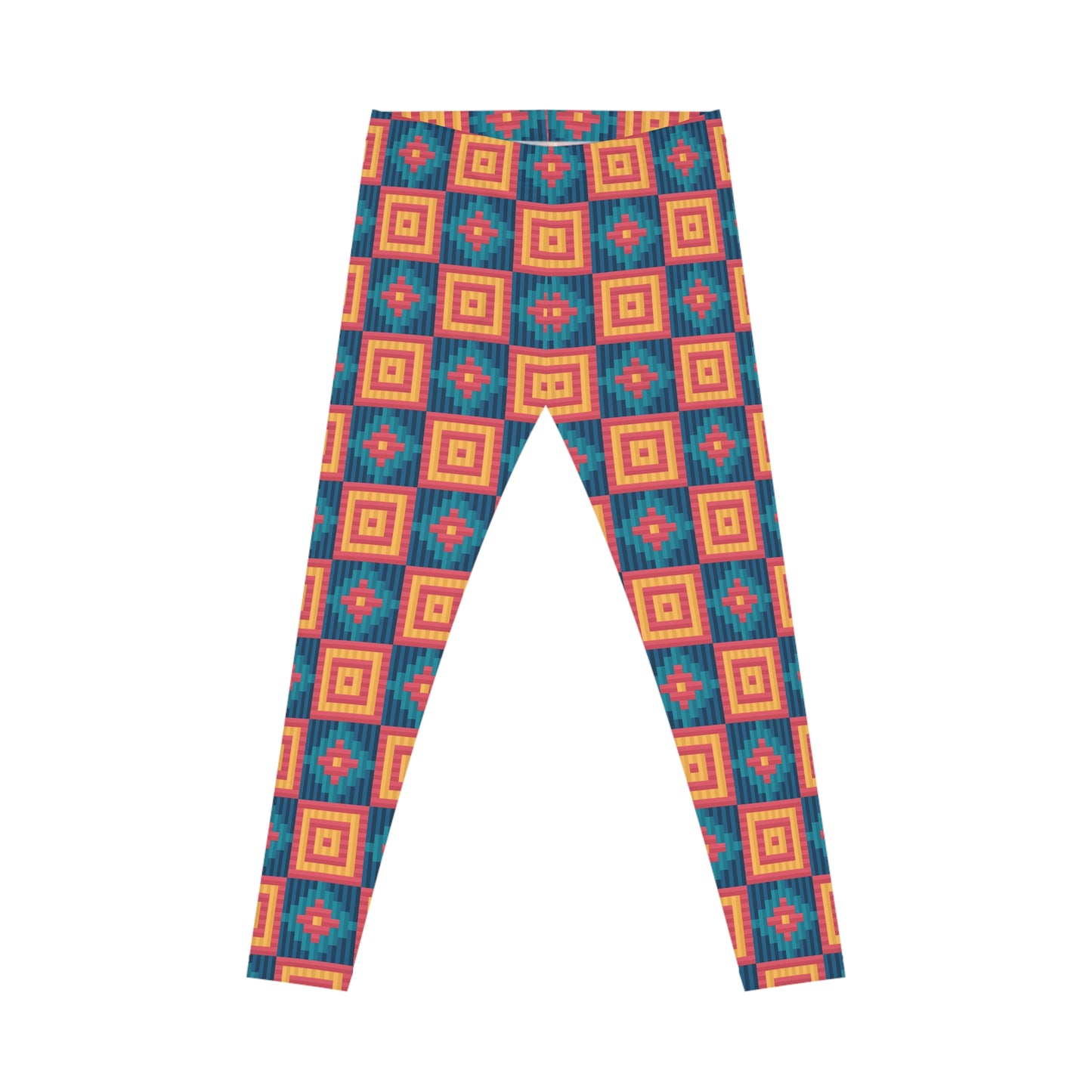 A pair of leggings with a vibrant geometric pattern featuring teal blue, orange, and red concentric square motifs, displayed flat against a solid white background.