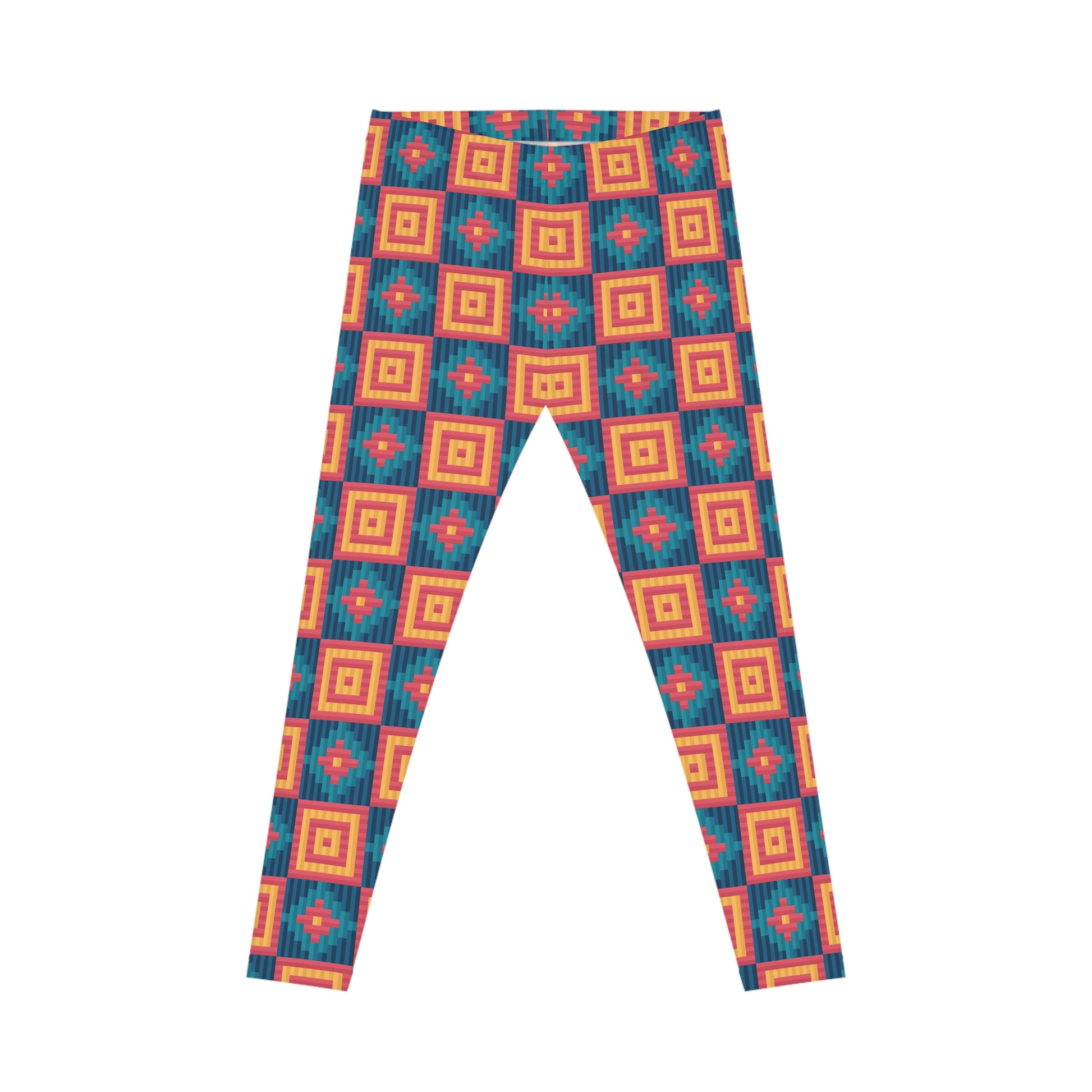 A pair of leggings with a vibrant geometric pattern featuring teal blue, orange, and red concentric square motifs, displayed flat against a solid white background.