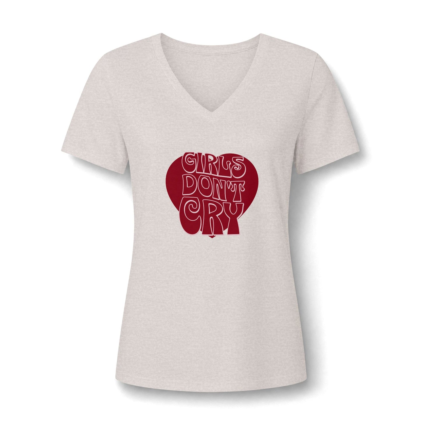 A women's V-neck t-shirt in a light heather gray, featuring a red heart graphic on the chest with the text 'GIRLS DON'T CRY' in a stylized white font.