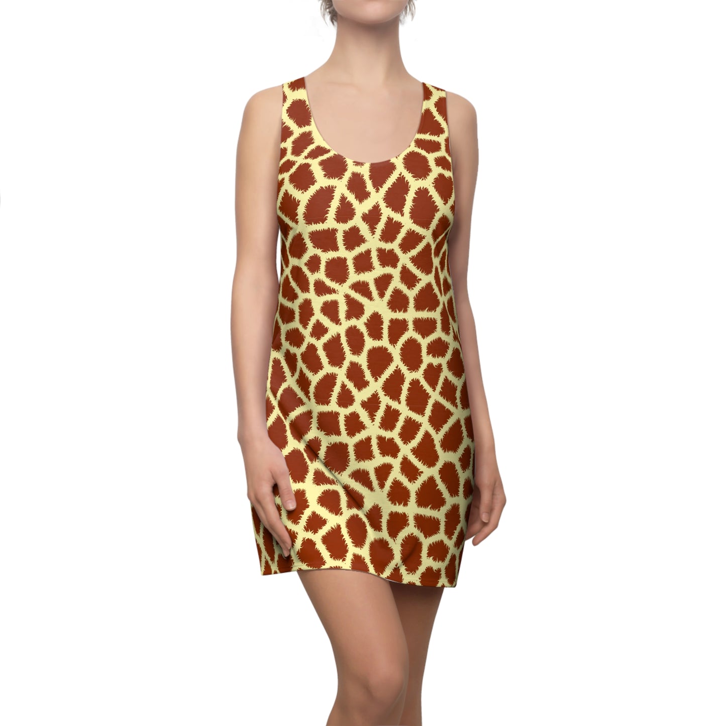 A sleeveless mini dress with a giraffe print pattern, shown on a model against a plain white background. Comfortable Giraffe Print Women's Racerback Dress