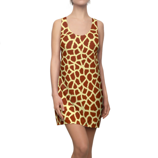 A sleeveless mini dress with a giraffe print pattern, shown on a model against a plain white background. Comfortable Giraffe Print Women's Racerback Dress