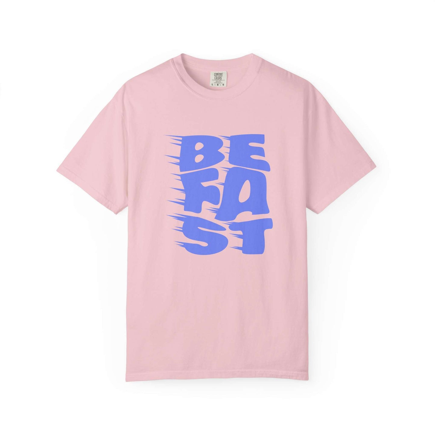 A light pink short-sleeve crewneck t-shirt featuring a bold blue graphic on the front that reads 'BE FAST' in a stylized, brush-stroke font, displayed against a clean white background. Comfortable Grunge Bold Be Fast Typography Lettering Graphic T-Shirt for Casual Wear