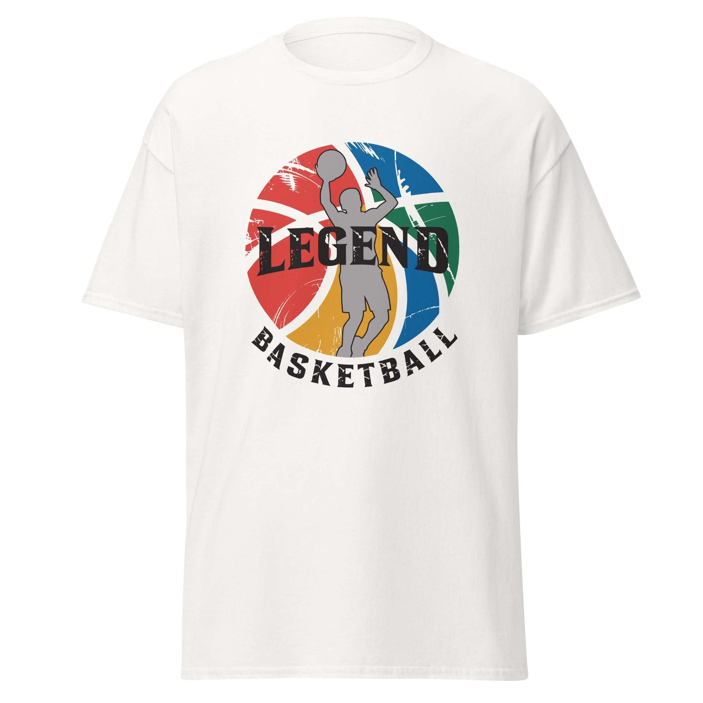 A white short-sleeve crewneck t-shirt featuring a colorful graphic on the front with a stylized basketball player, a distressed multicolor basketball design, and the words 'LEGEND BASKETBALL' in black. Comfortable Legend Basketball Graphic T-Shirt Casual Outfits