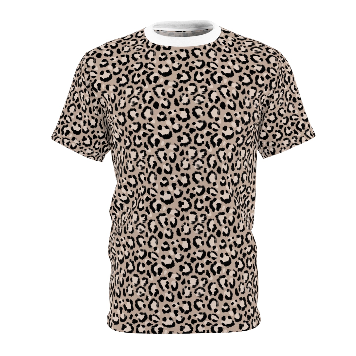A short-sleeve crewneck t-shirt featuring an all-over leopard print pattern in beige, brown, and black, displayed on a clean white background. Comfortable Leopard Print T-Shirt for Casual Wear