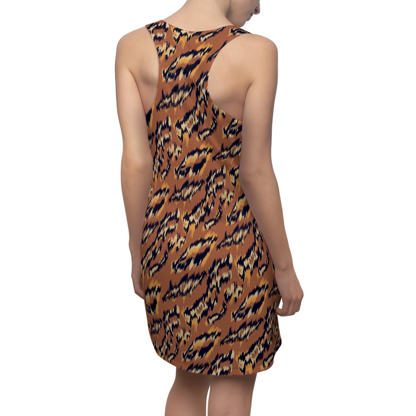 A sleeveless shift dress with a brown, black, and beige ikat-style animal print, shown from the back on a model against a white background. Comfortable Lightweight Women's Summer Dress Bold Tiger Print for Casual Wear