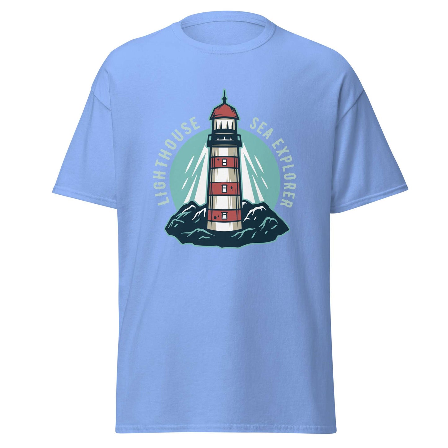 A light blue short-sleeve crewneck t-shirt featuring a central graphic of a red and white striped lighthouse on dark green rocks, with a teal circular background and the words 'LIGHTHOUSE SEA EXPLORER' arched above. Comfortable Marine Lighthouse at Mountain Nautical Sea T-Shirt Casual Wear