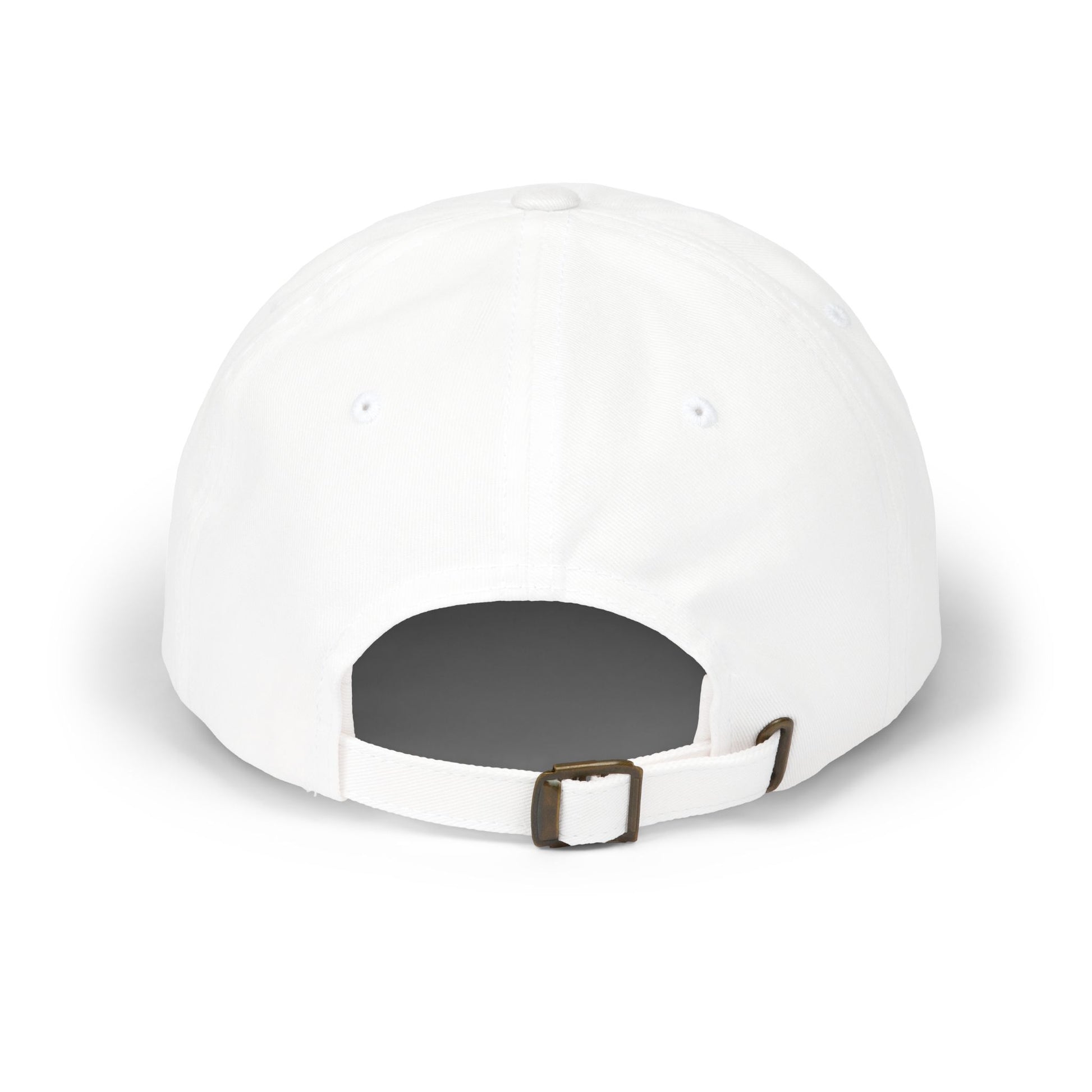 White baseball cap with a brown buckle on a white background Comfortable Minimalist Miami Beach Typography Classic Dad Cap