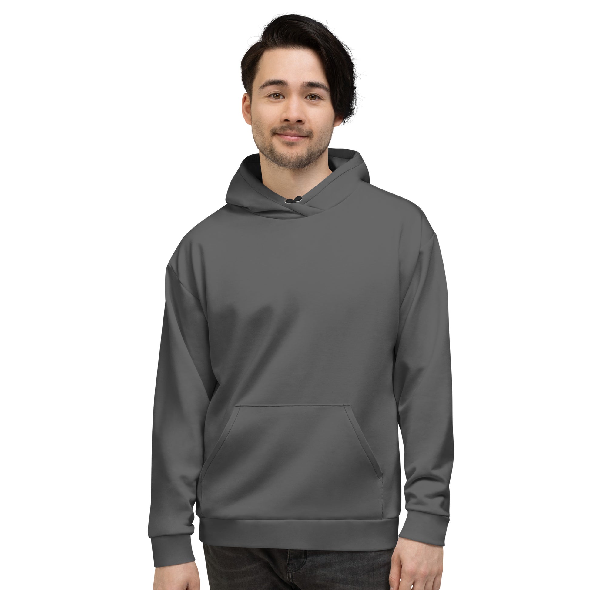 A man wearing a plain dark gray pullover hoodie with a front kangaroo pocket, shown against a solid white background. Comfortable Plain Gray Hoodie for Relaxed Wear