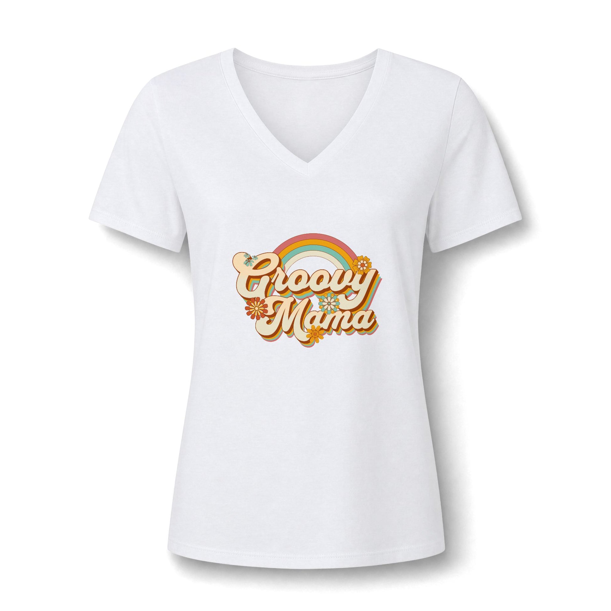 A white women's short-sleeve V-neck t-shirt featuring a retro-style 'Groovy Mama' graphic on the chest with a rainbow and gold lettering, displayed on a clean white background.