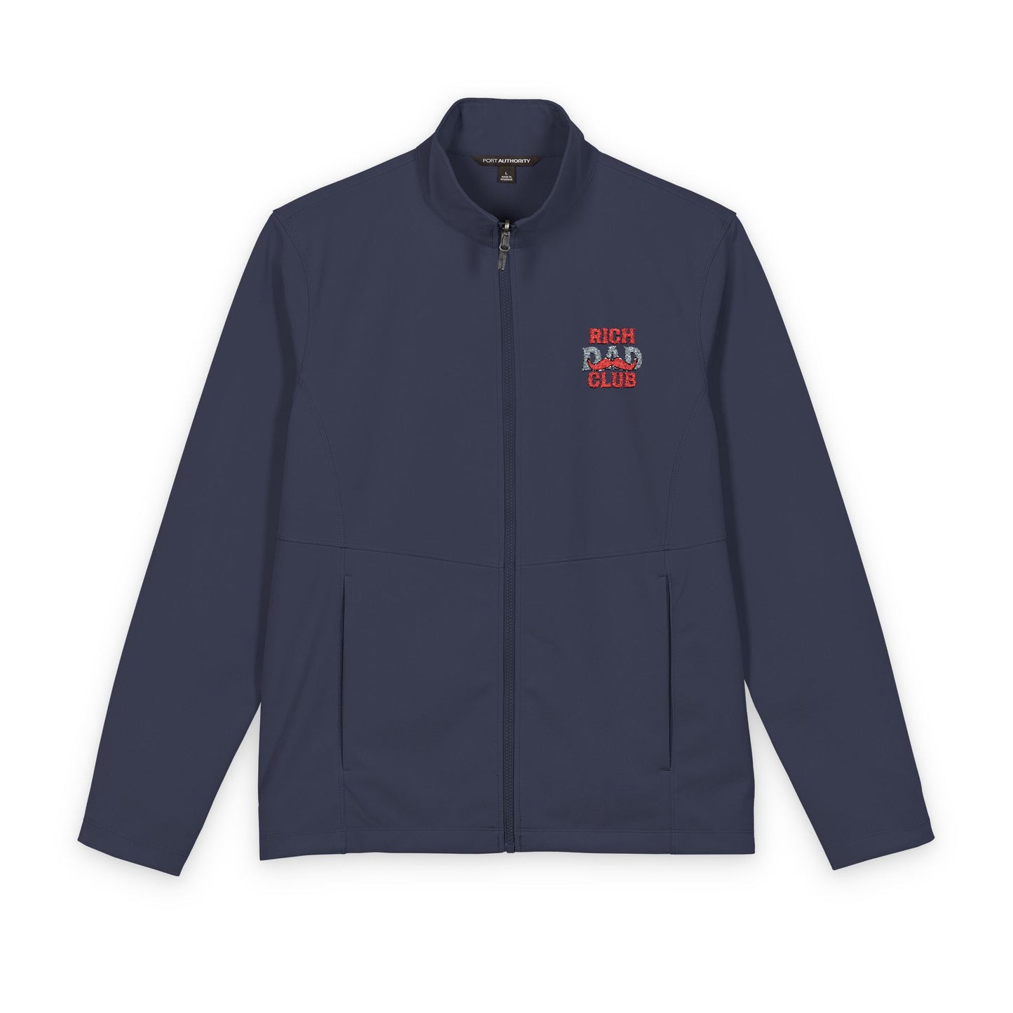 A navy blue zip-up jacket with a stand collar, featuring a small embroidered graphic on the left chest that reads 'RICH DAD CLUB' in red and white. The jacket is displayed flat against a solid white background.