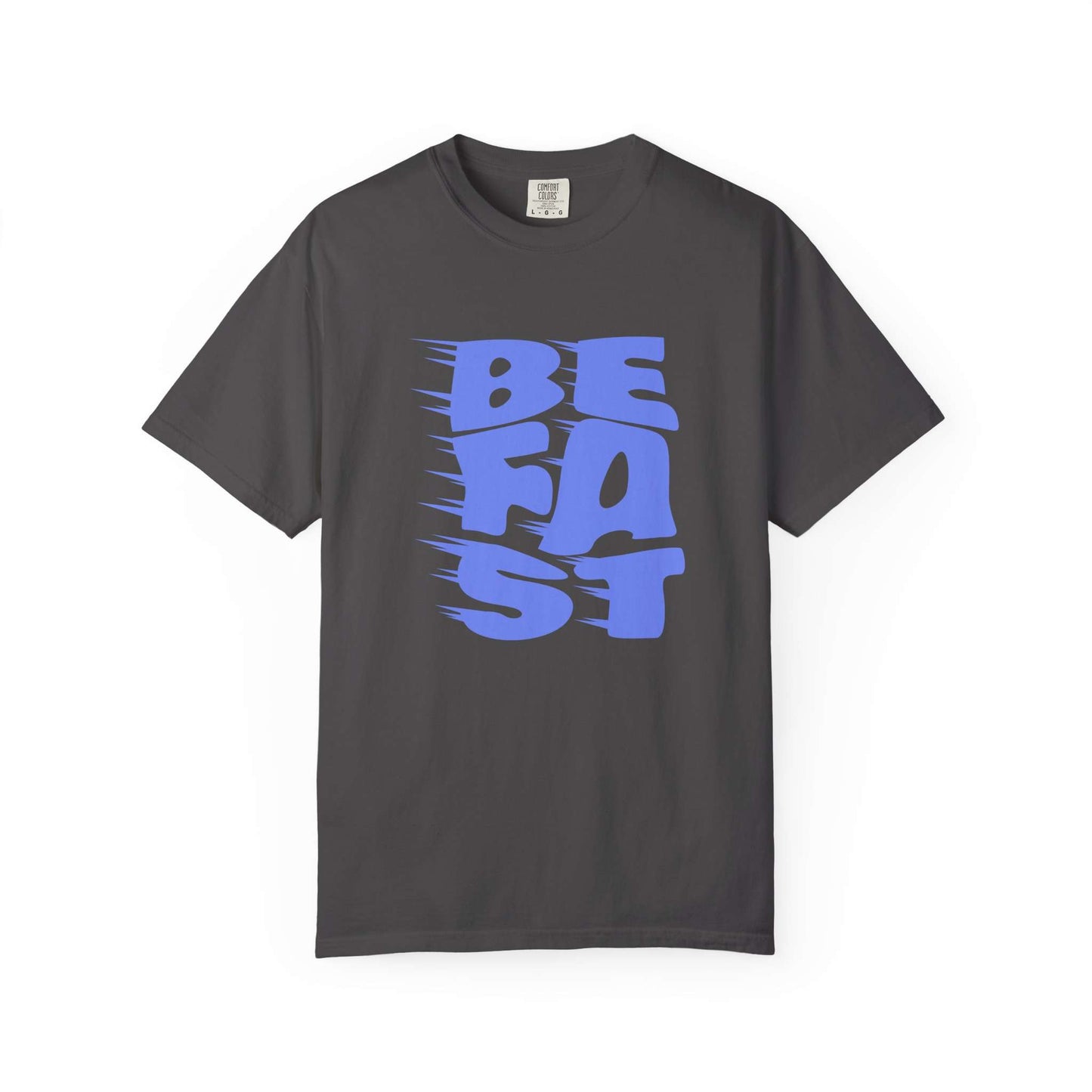 A dark gray crewneck t-shirt featuring a stylized blue graphic on the front that reads 'BE FAST' in a bold, dynamic font with motion lines, displayed against a solid white background. Comfortable Stylish Bold Be Fast Typography Lettering Graphic T-Shirt for Casual Wear