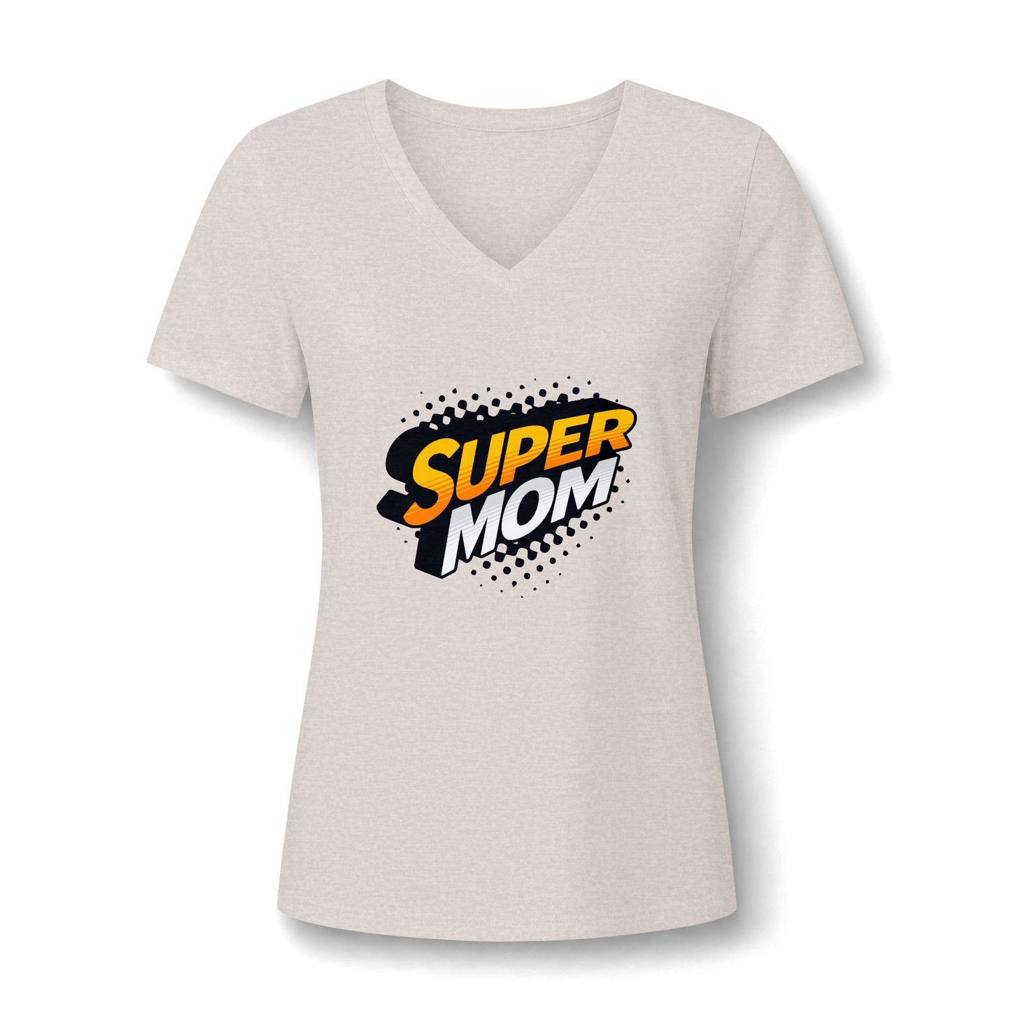A women's V-neck short-sleeve t-shirt in light heather gray, featuring a 'Super Mom' graphic on the chest with a comic-book style black and yellow design.