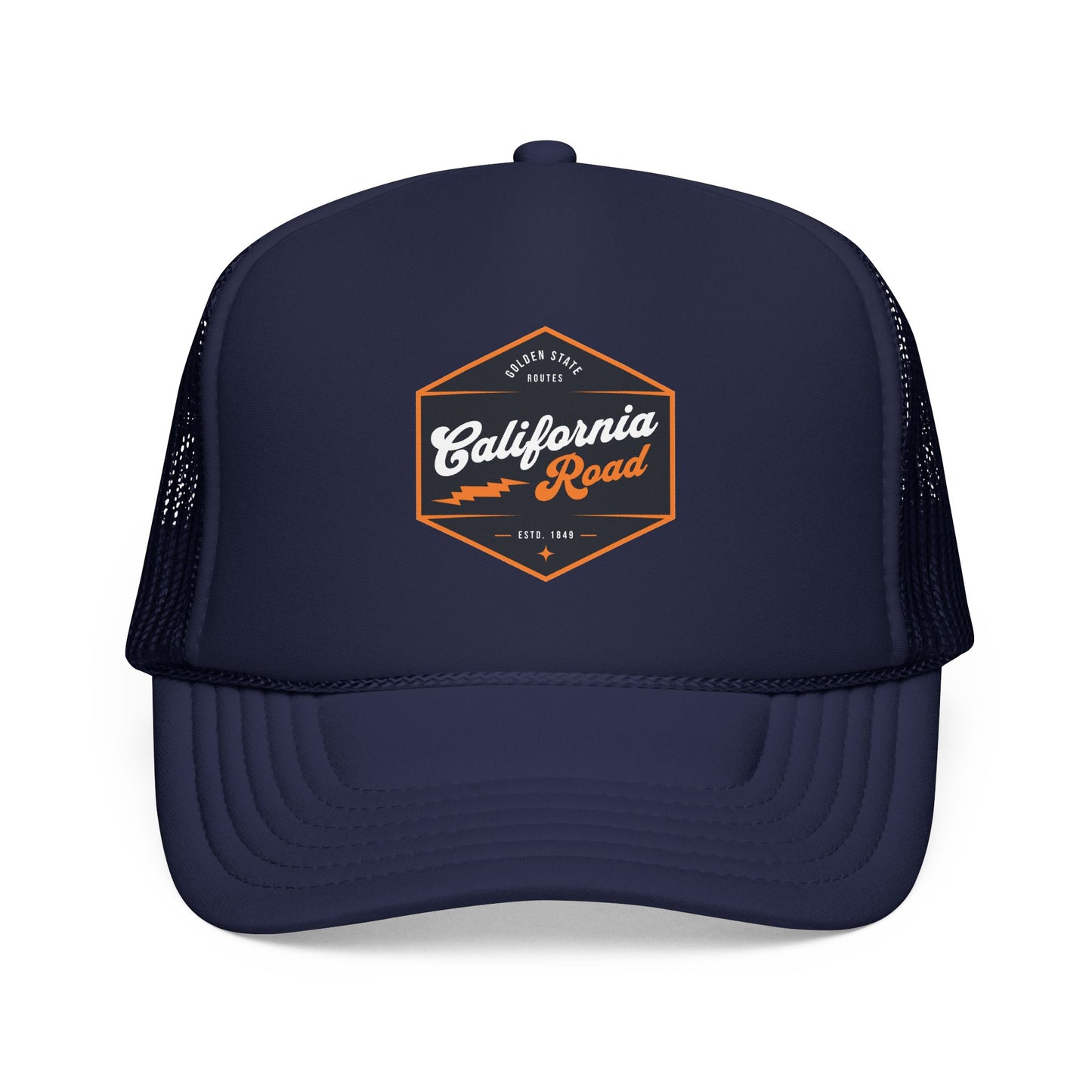 A navy blue trucker hat with a structured front panel and mesh back, featuring a central orange and white 'California Road' graphic logo. Comfortable Vintage Classic California Road Foam Trucker Hat