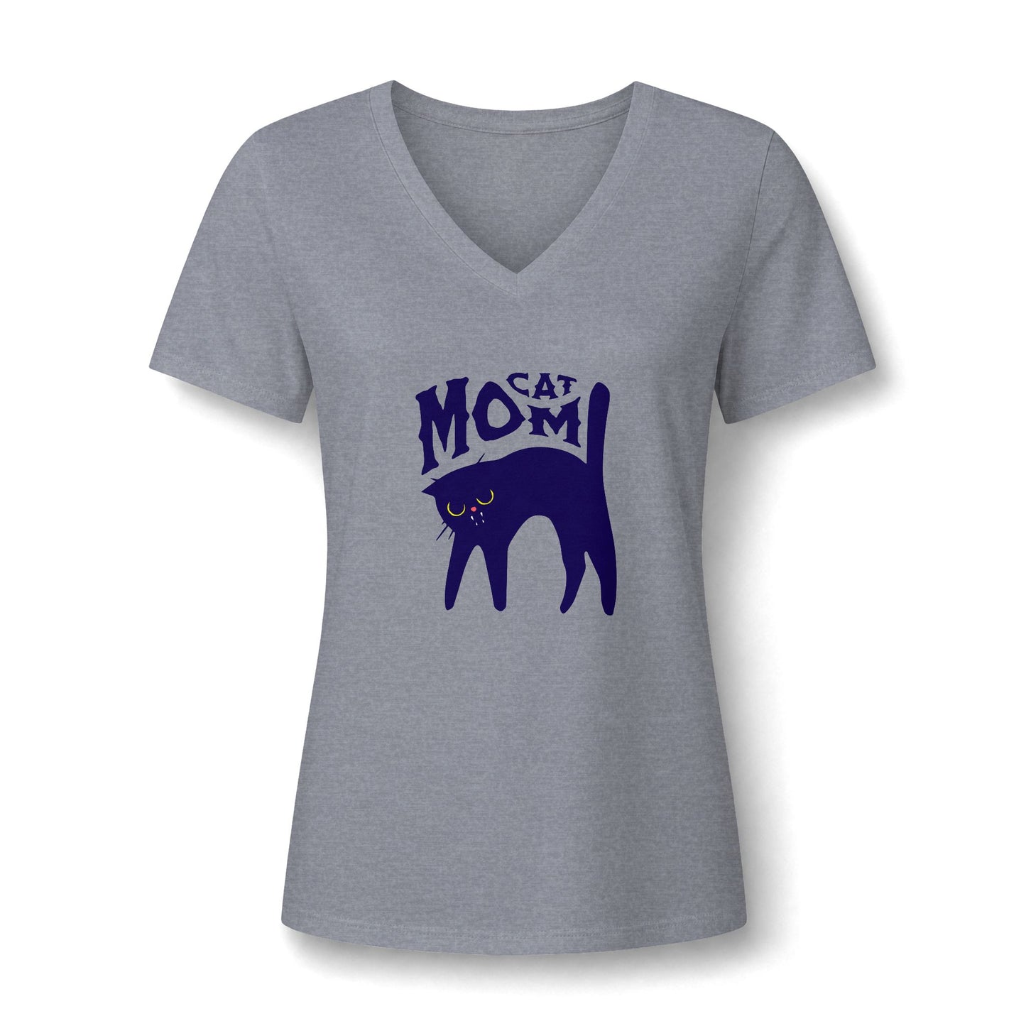 A women's heather gray V-neck t-shirt featuring a dark blue graphic of a cat silhouette with the text 'CAT MOM' above it, displayed on a clean white background.