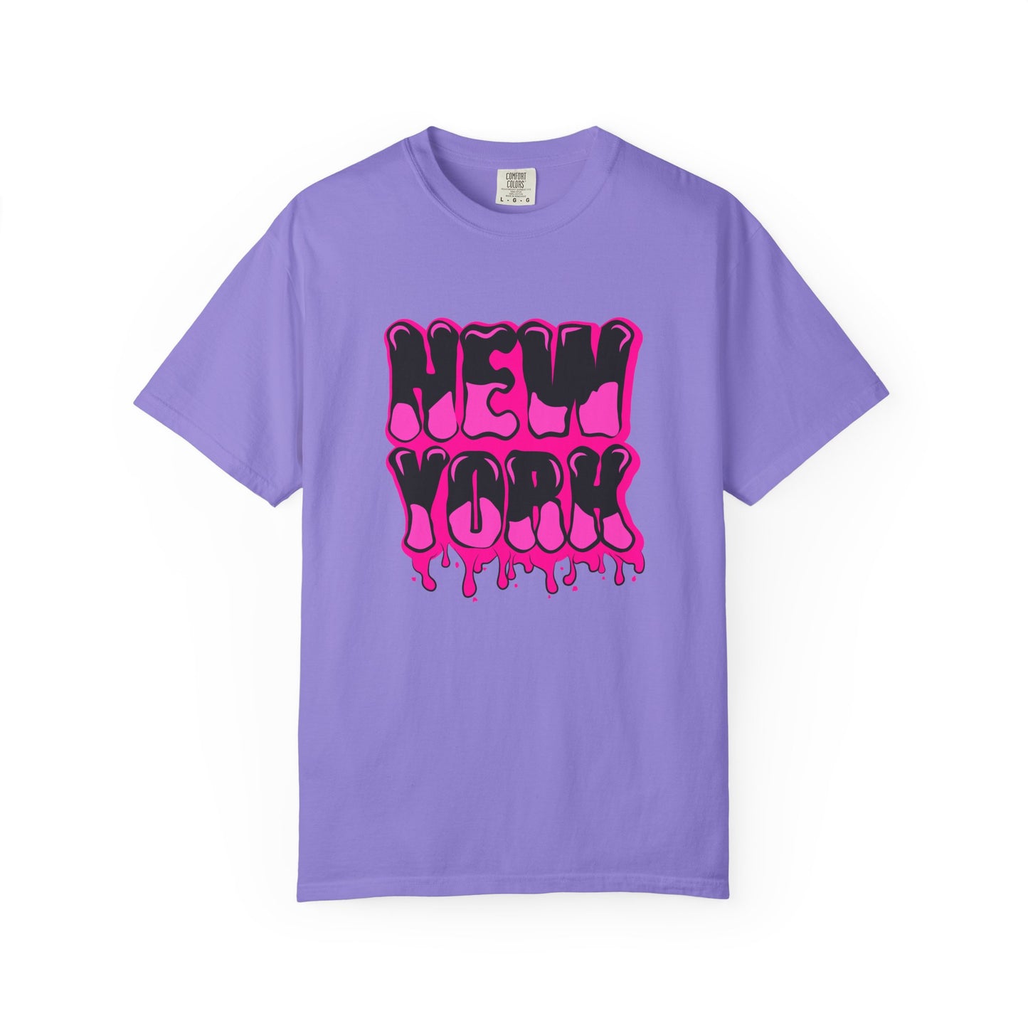 A purple short-sleeve crewneck t-shirt featuring a 'NEW YORK' graphic in dripping hot pink and black bubble letters on the chest, displayed against a clean white background. Cool Bold Graffiti Lettering New York Typography T-Shirt for Casual Wear