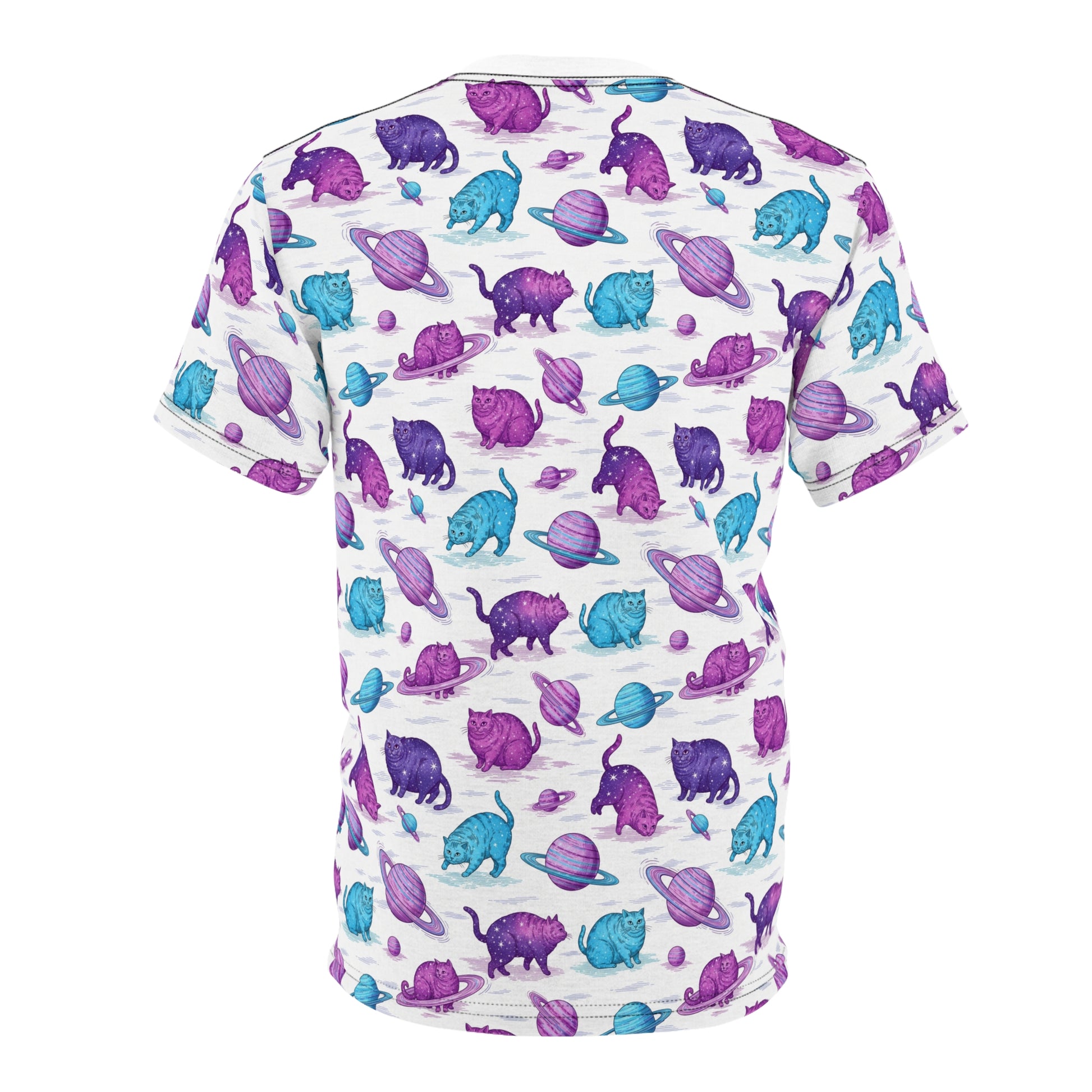 A white short-sleeve t-shirt with an all-over repeating print of purple and blue cats with planets and rings, shown against a plain white background. Cool Chubby Cats Orbiting Planets Graphic T-Shirt for Casual Wear