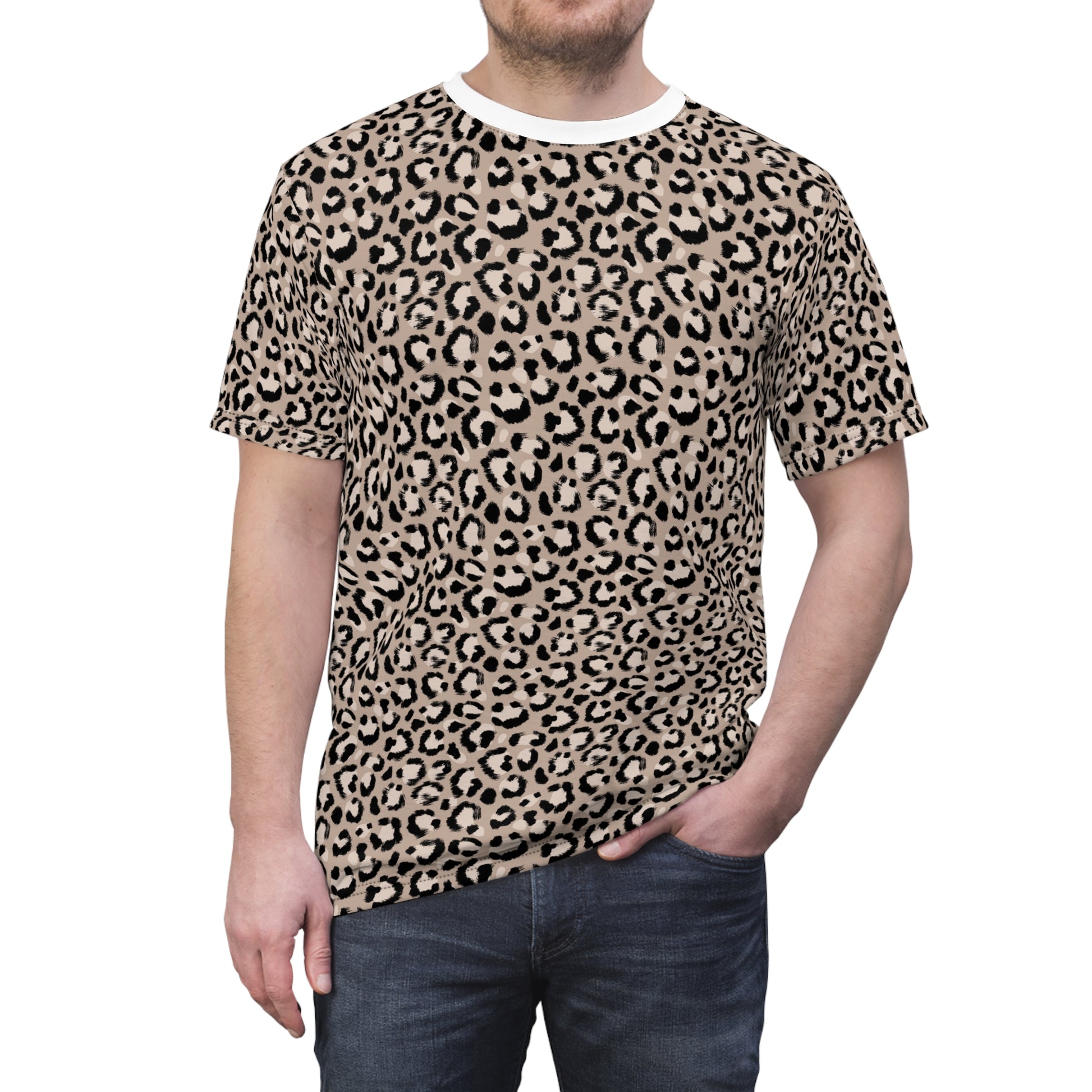 A man wearing a short-sleeve crewneck t-shirt with a beige and black leopard print pattern, paired with dark blue jeans, shown against a plain white background. Cool Comfortable Leopard Print T-Shirt for Casual Wear