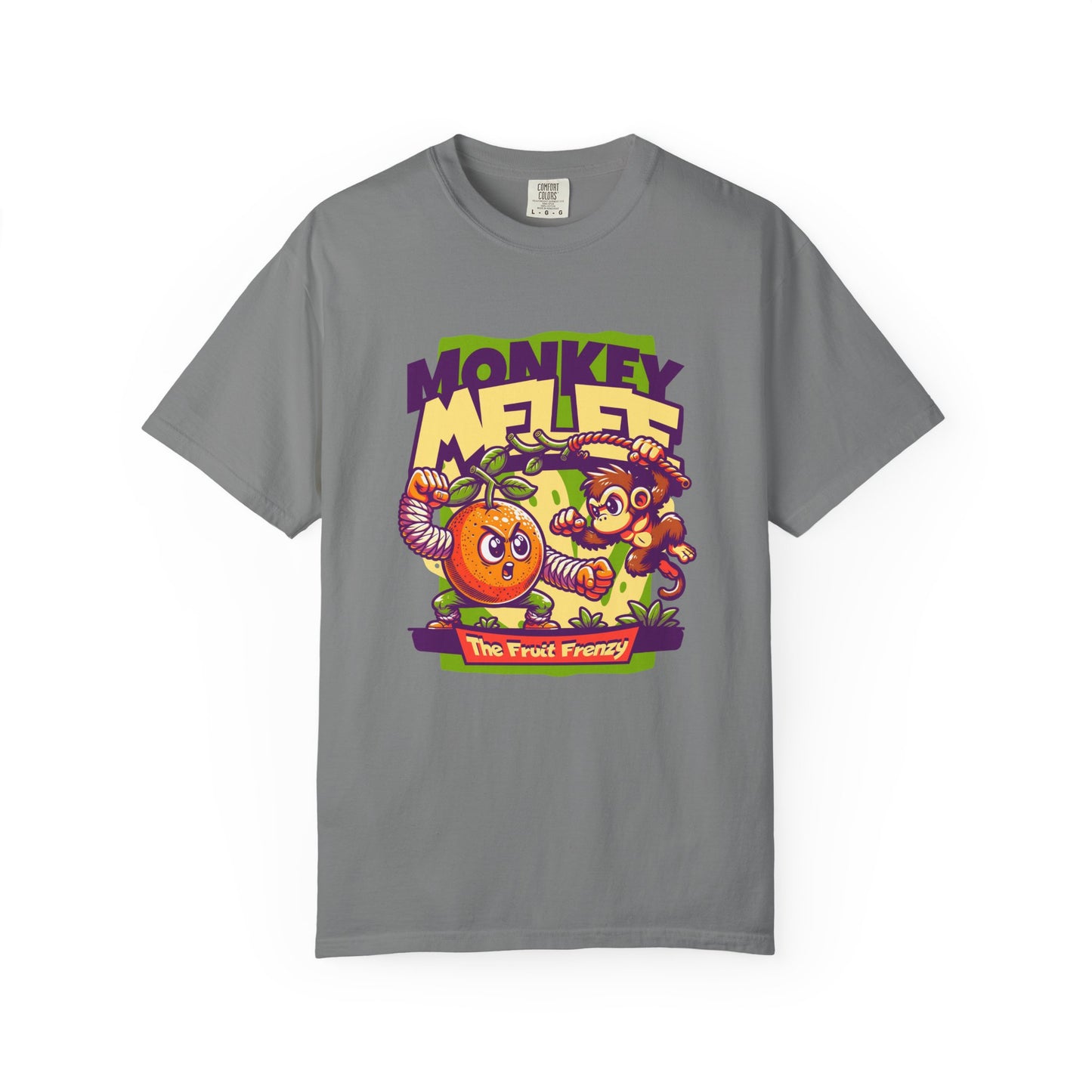 A gray short-sleeve crewneck t-shirt featuring a colorful graphic print on the front with the text 'MONKEY MELEE' and cartoon illustrations of a monkey, a banana, and a banana peel. Cool Monkey Melee The Fruit Frenzy Graphic T-Shirt for Casual Wear