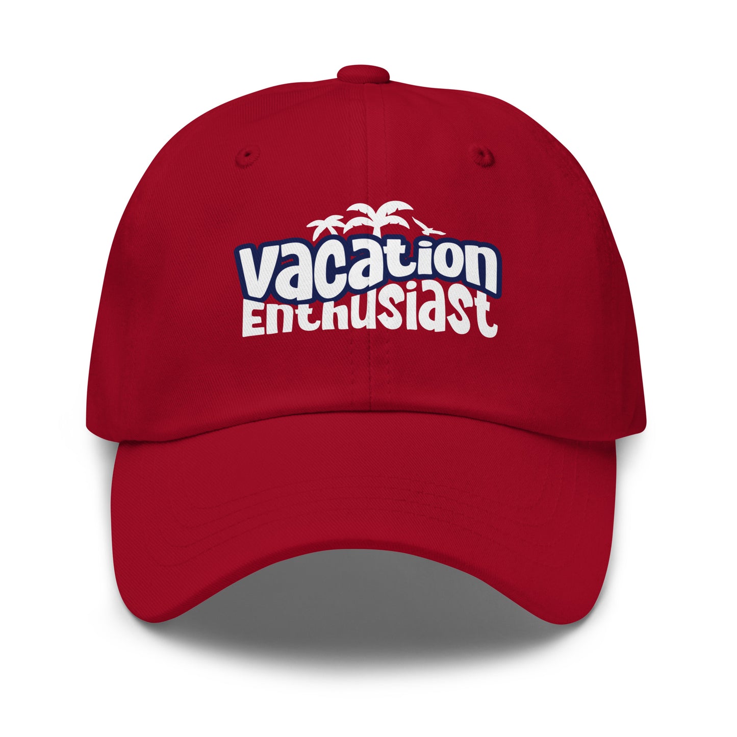 A red baseball cap featuring a front graphic that reads 'vacation Enthusiast' in white and blue, with small white palm tree silhouettes above the text, shown on a clean white background. Cool Vacation Enthusiast Bold Graphic Classic Dad Cap