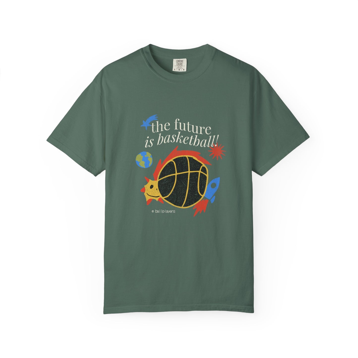 A dark green short-sleeve t-shirt with a colorful graphic on the front featuring a basketball, rockets, and the text 'the future is basketball!'. Cosmic Basketball Graphic Tee for Casual Fashion