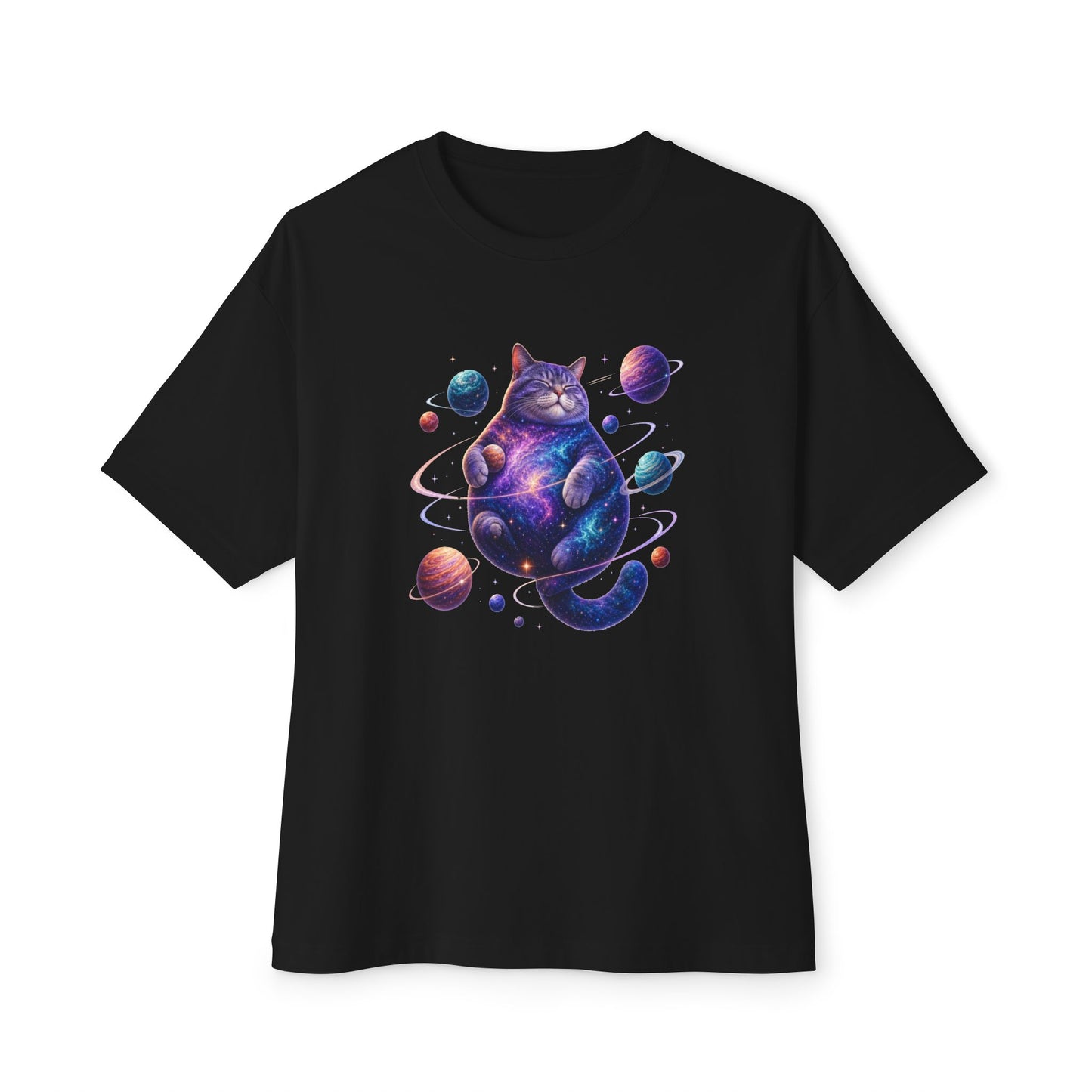 A black short-sleeve crewneck t-shirt featuring a colorful graphic of a cosmic, galaxy-patterned cat surrounded by planets, displayed on a clean white background. Cosmic Kitty Apparel Funny Cosmic Cat Unisex Oversized Boxy T-Shirt Casual Wear