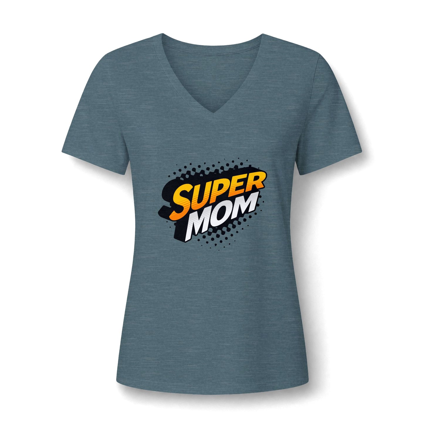 A women's heathered slate blue V-neck t-shirt featuring a 'SUPER MOM' comic-style graphic on the chest, displayed on a clean white background.