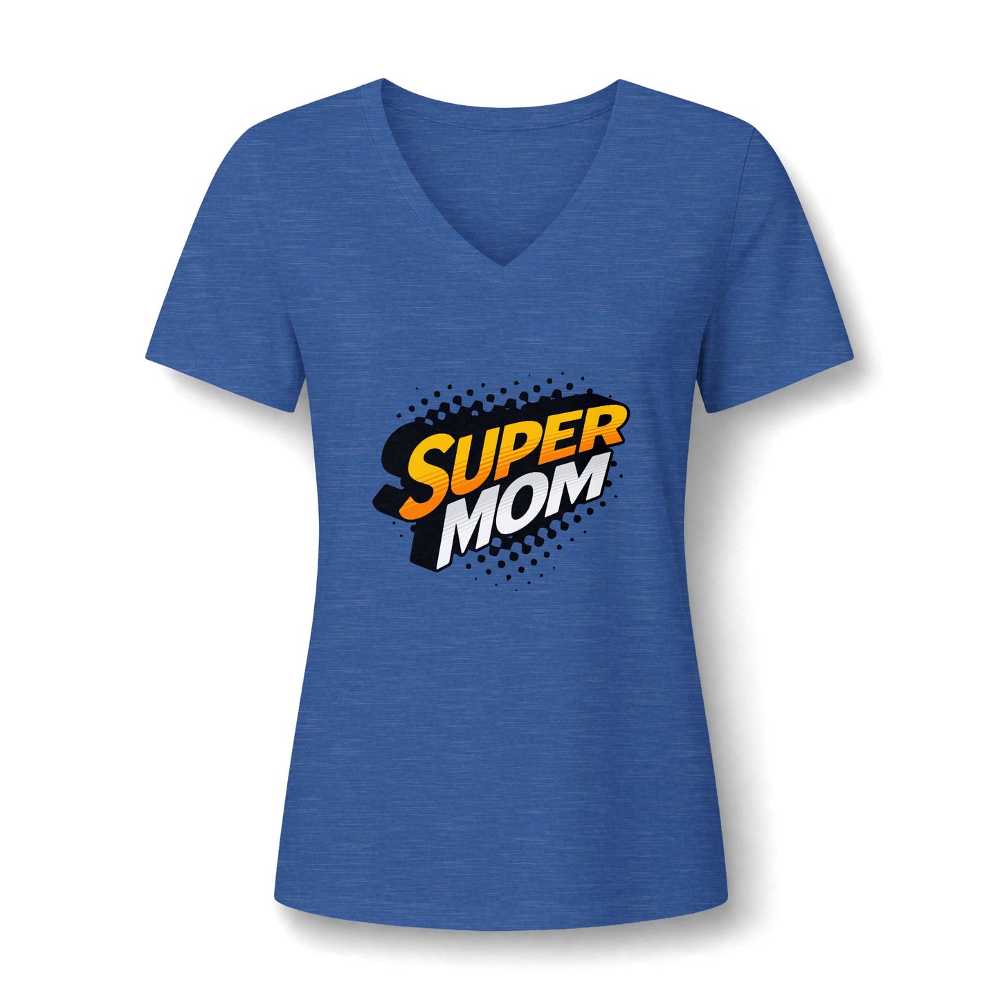 A heather blue short-sleeve V-neck t-shirt with a 'SUPER MOM' comic-style graphic on the chest, displayed on a clean white background.