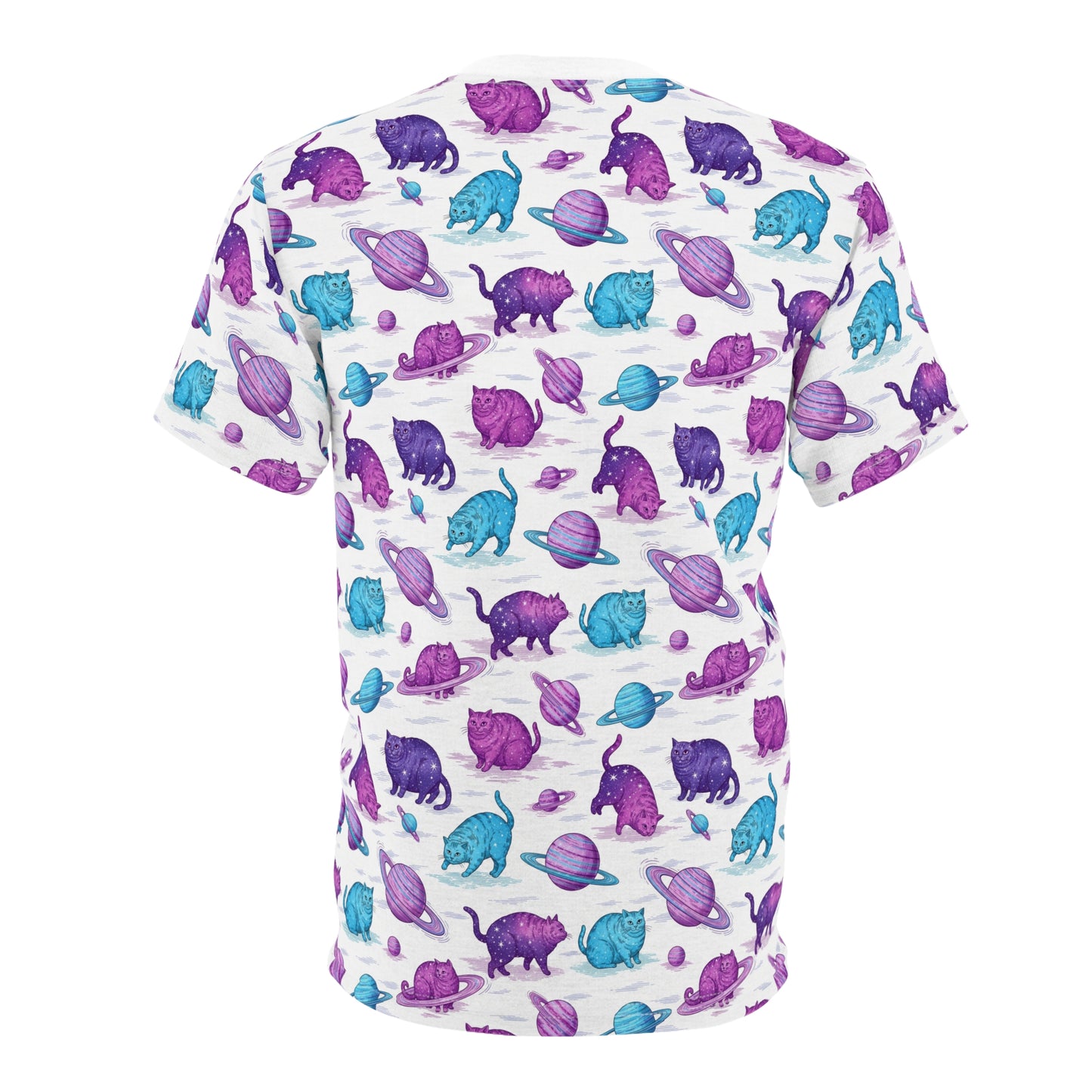 A white short-sleeve t-shirt with an all-over repeating pattern of purple and blue cats with planets and rings, shown on a plain white background. Cute Chubby Cats Orbiting Planets Graphic T-Shirt for Casual Wear