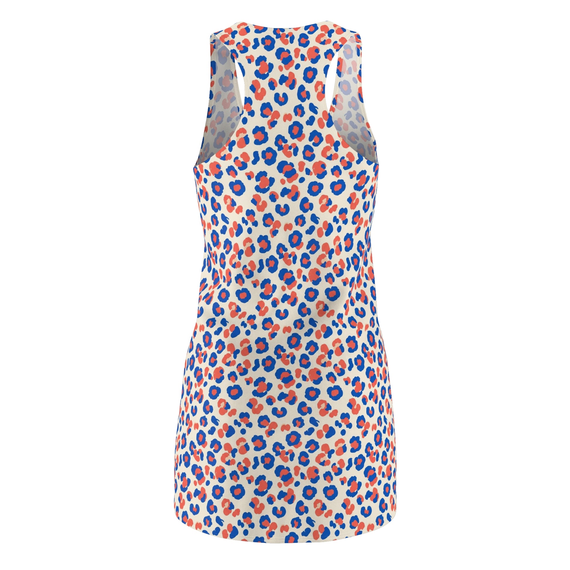 A sleeveless tank top dress featuring a colorful leopard print pattern with blue, orange, and red spots on a white background. Cute Comfortable Colorful Leopard Print Women's Racerback Dress