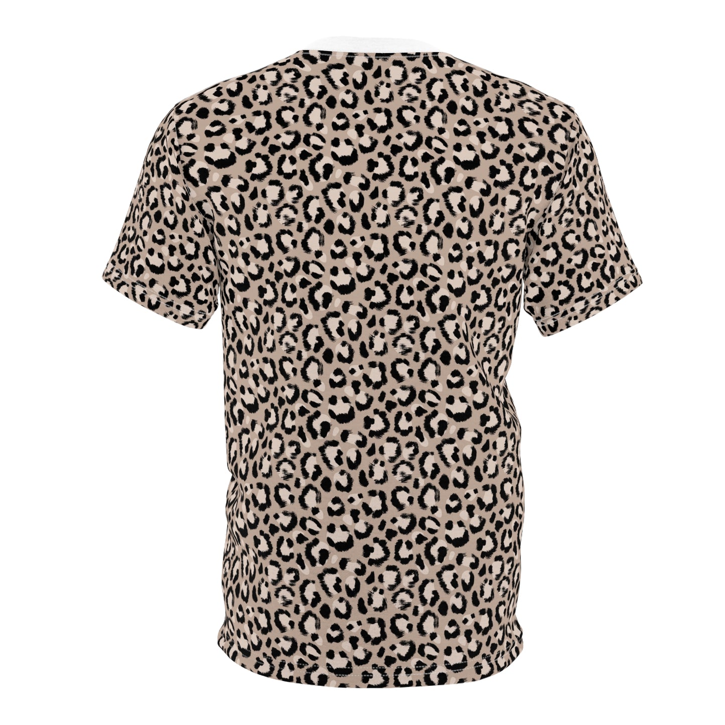 A short-sleeve crewneck t-shirt featuring an all-over leopard print pattern in beige, brown, and black, shown against a plain white background. Cute Comfortable Leopard Print T-Shirt for Casual Wear