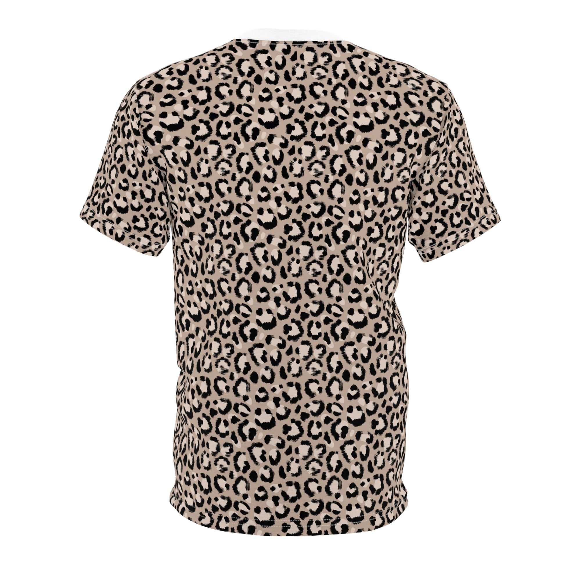 A short-sleeve crewneck t-shirt featuring an all-over leopard print pattern in beige, brown, and black, shown against a plain white background. Cute Comfortable Leopard Print T-Shirt for Casual Wear