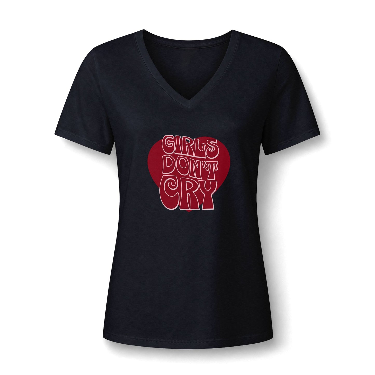 A women's short-sleeve V-neck t-shirt in black, featuring a red heart graphic on the chest with the text 'GIRLS DON'T CRY' in a stylized red and white font.
