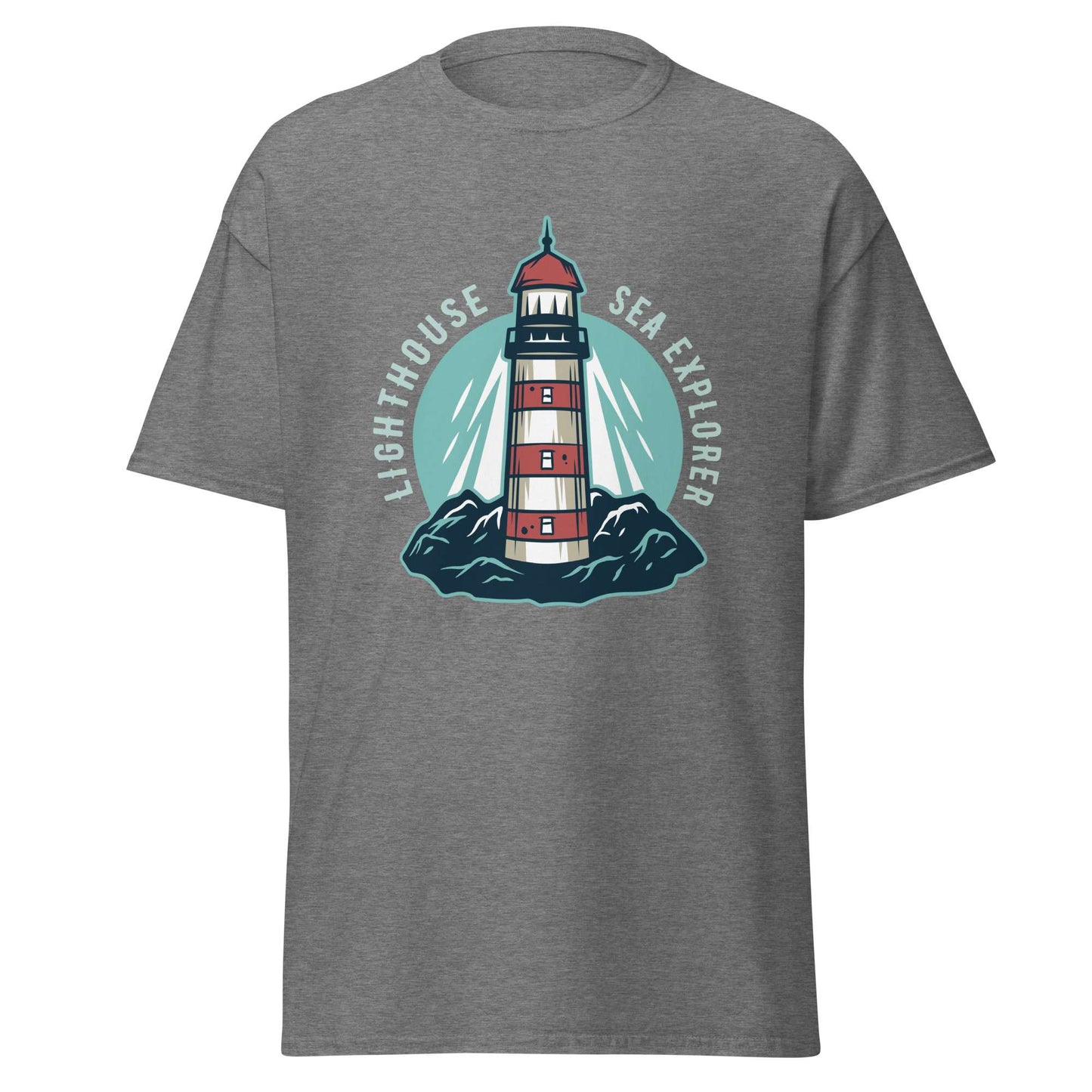 A heather gray short-sleeve t-shirt with a circular graphic on the chest featuring a red and white striped lighthouse on dark blue rocks, surrounded by a teal circle with the text 'LIGHTHOUSE SEA EXPLORER'. Designer Marine Lighthouse at Mountain Nautical Sea T-Shirt Casual Wear