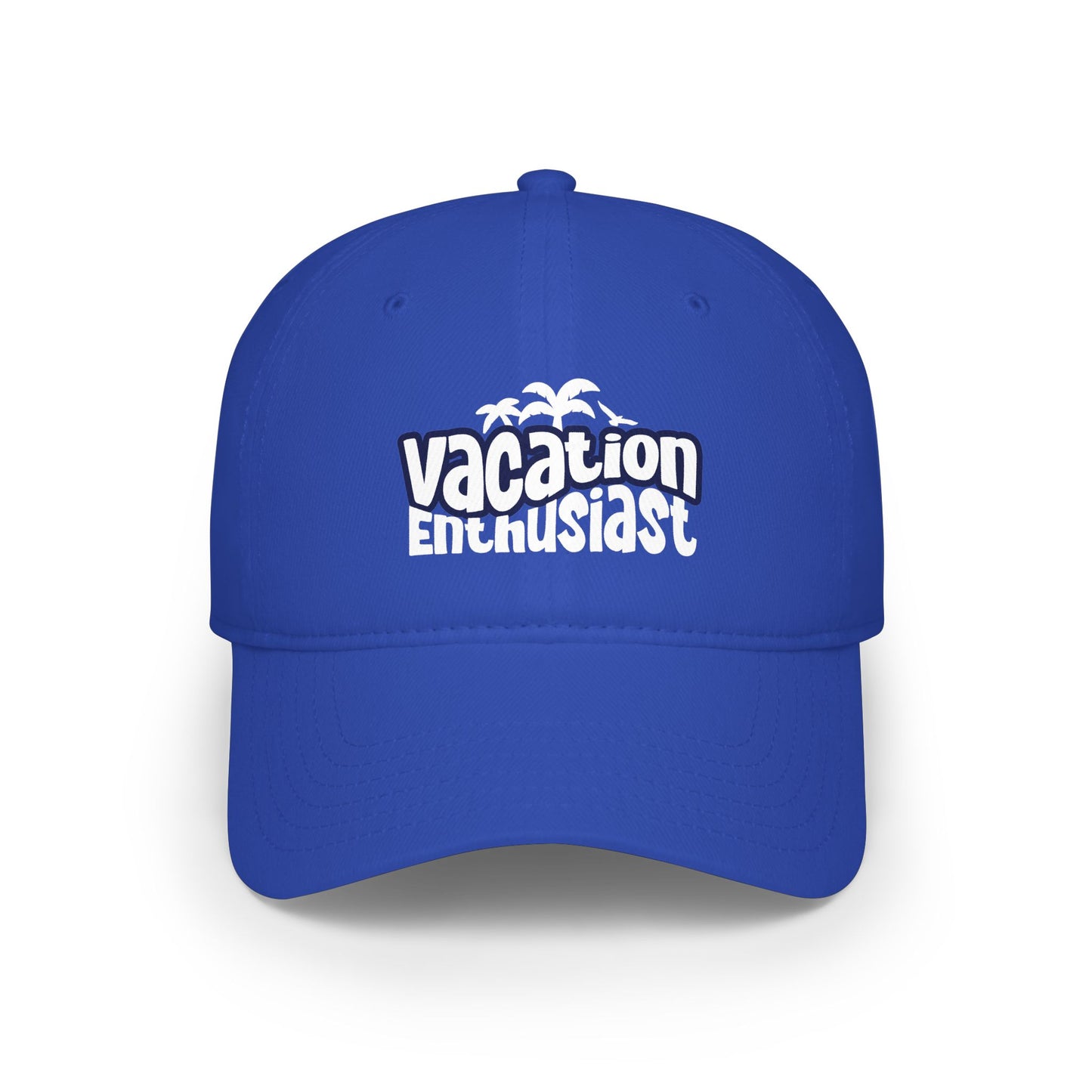 A royal blue baseball cap with a white embroidered graphic on the front that reads 'Vacation Enthusiast' with small palm tree silhouettes above, shown on a clean white background. Designer Vacation Enthusiast Bold Typography Baseball Cap for Casual Wear