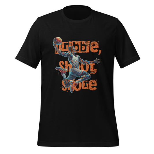A black short-sleeve crewneck t-shirt featuring a distressed orange graphic text that reads 'RIDDLE, shoot, solve' with a blue and orange illustration of a figure in the center, shown against a plain white background. Dribble, Shoot, Score Basketball Graphic T-Shirt