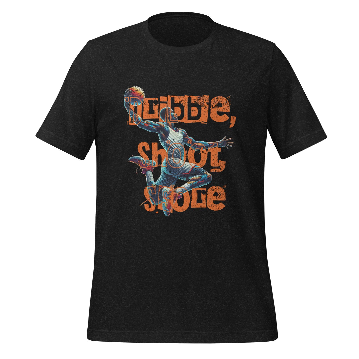 A black short-sleeve crewneck t-shirt featuring a distressed orange graphic text that reads 'RUBIE, SHOOT BACK' with a blue and orange basketball player illustration in the center, shown against a plain white background. Dribble, Shoot, Score Basketball Graphic T-Shirt for Casual Wear
