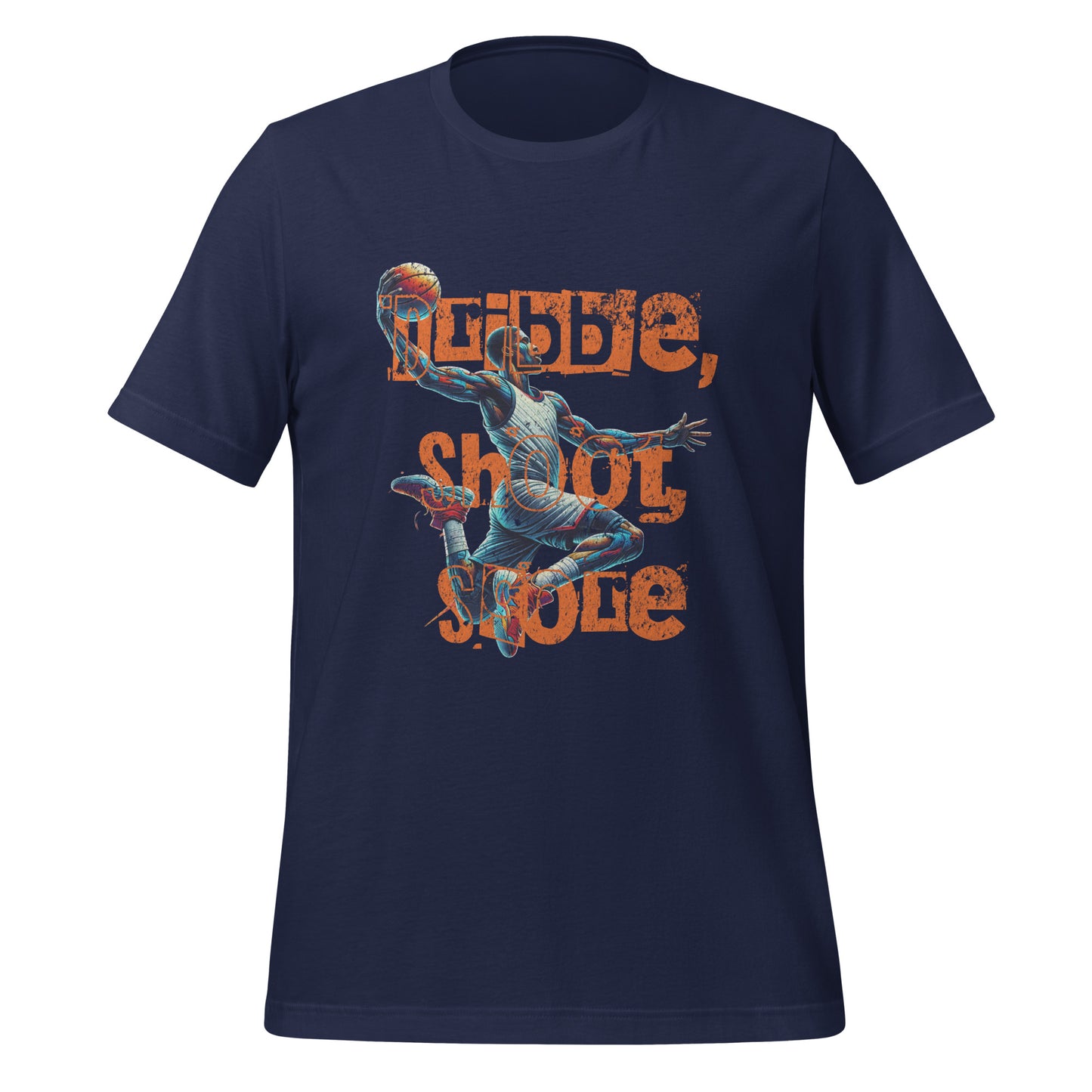 A navy blue short-sleeve t-shirt with a graphic print of a basketball player and the text 'REBUE, SHOOT, SCORE' in orange. Dribble and Score with This Trendy Basketball Shirt