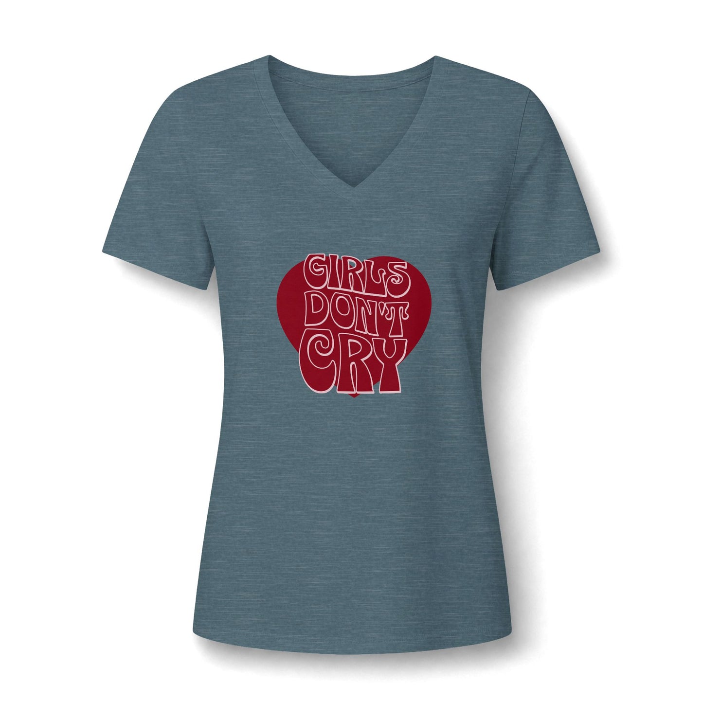 A women's heathered slate blue V-neck t-shirt featuring a red heart graphic on the chest with the text 'GIRLS DON'T CRY' in a retro bubbly font.