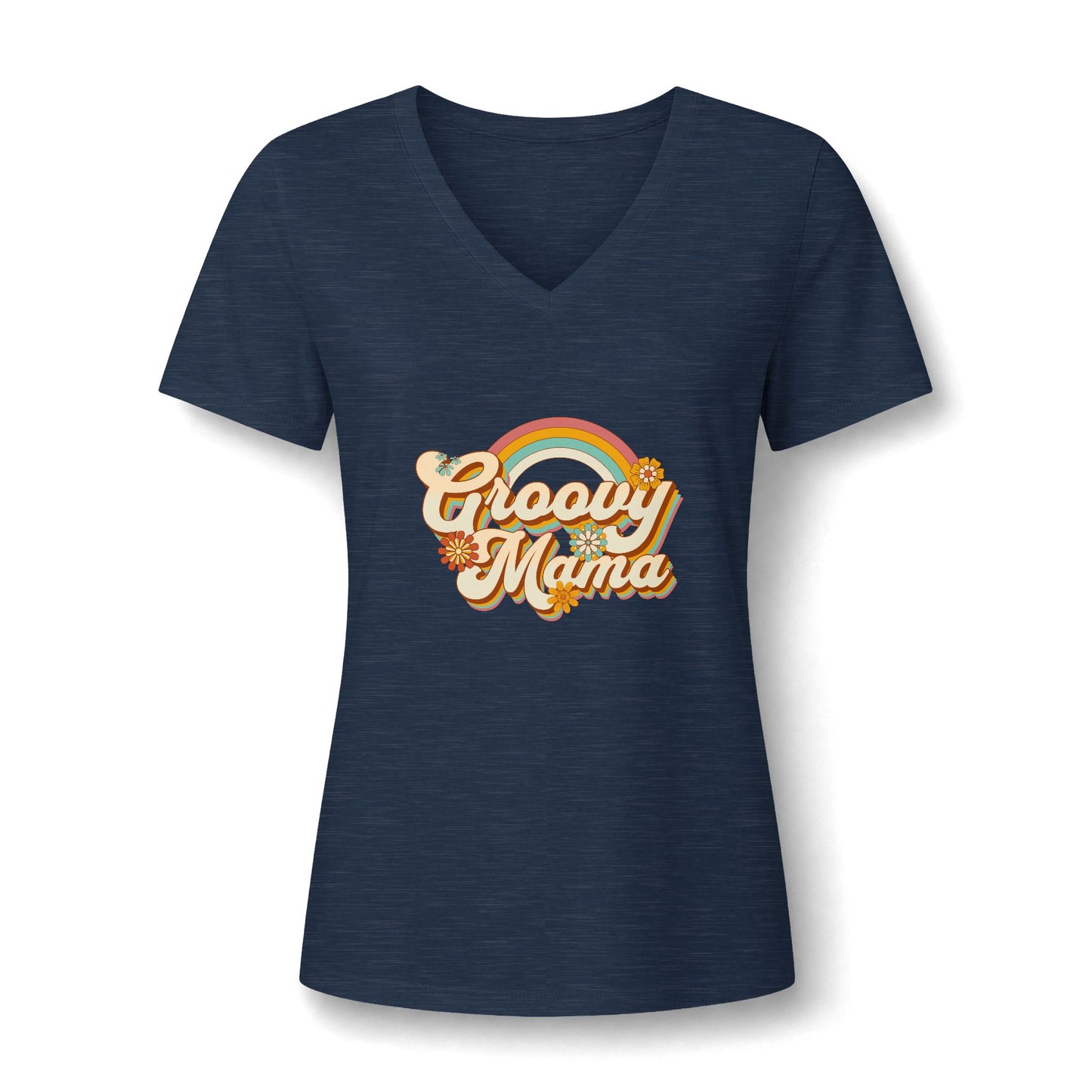 A navy blue heathered V-neck t-shirt with a retro-style 'Groovy Mama' graphic on the chest, featuring a rainbow, sun, and floral details, displayed on a clean white background.