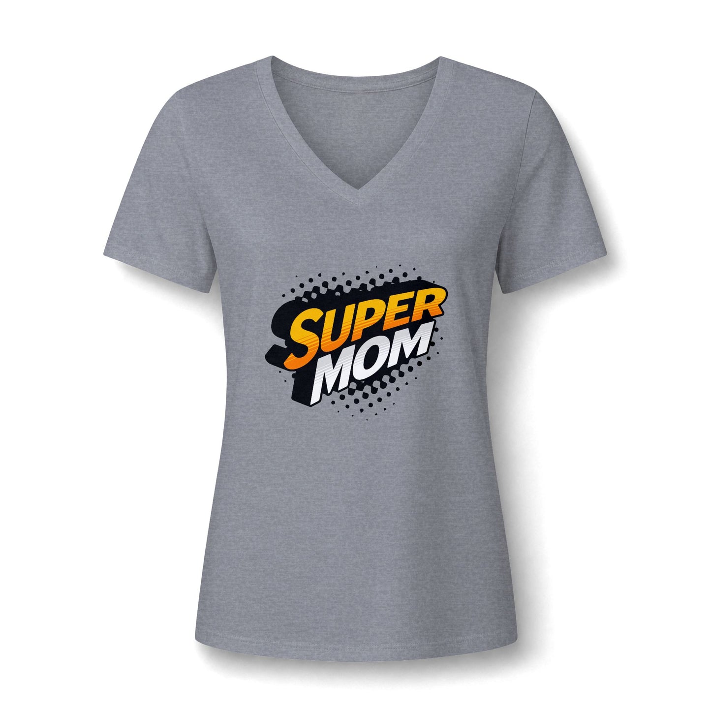 A women's heather gray V-neck t-shirt featuring a 'SUPER MOM' graphic on the chest. The graphic uses a comic-style halftone dot background with 'SUPER' in orange and 'MOM' in white.