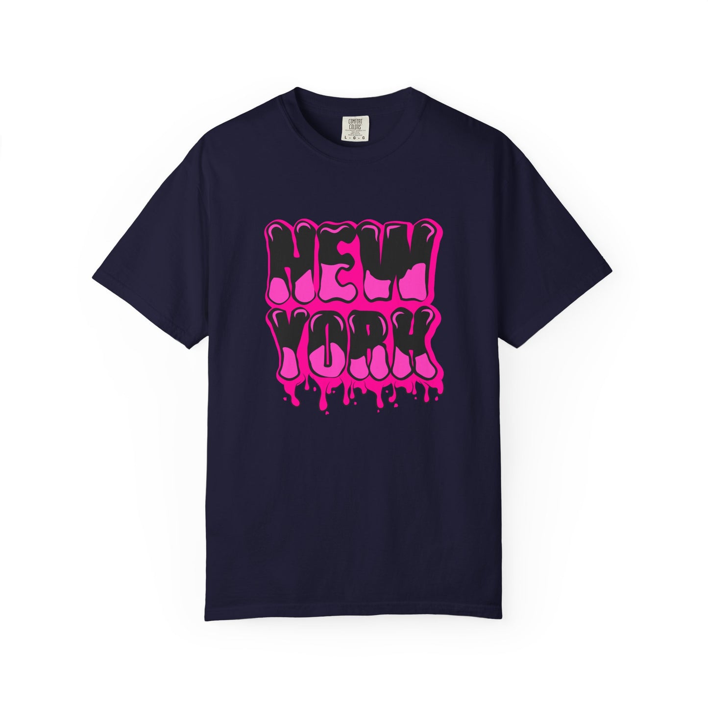 A navy blue short-sleeve crewneck t-shirt featuring a central graphic of a cute puppy wearing a pink hat and holding a red heart, set against a plain white background. Elegant Bold Graffiti Lettering New York Typography T-Shirt for Casual Wear
