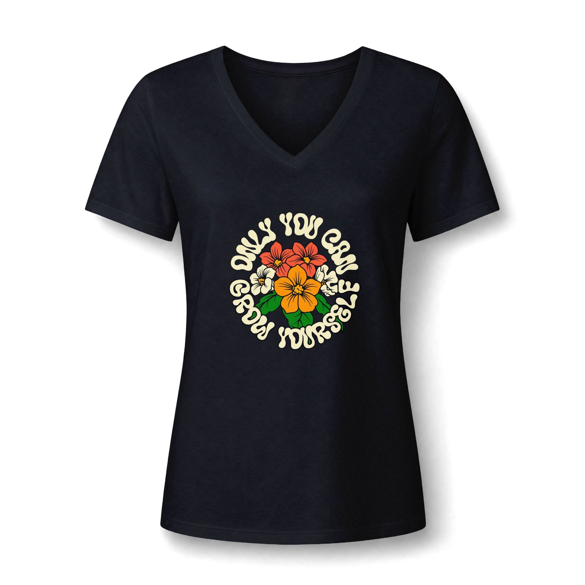 A women's black V-neck t-shirt with a colorful graphic on the chest. The graphic features a central cluster of red, orange, and yellow flowers with green leaves, surrounded by the text 'ONLY YOU CAN LOVE YOURSELF' in a cream-colored retro font, all set against a plain white background.