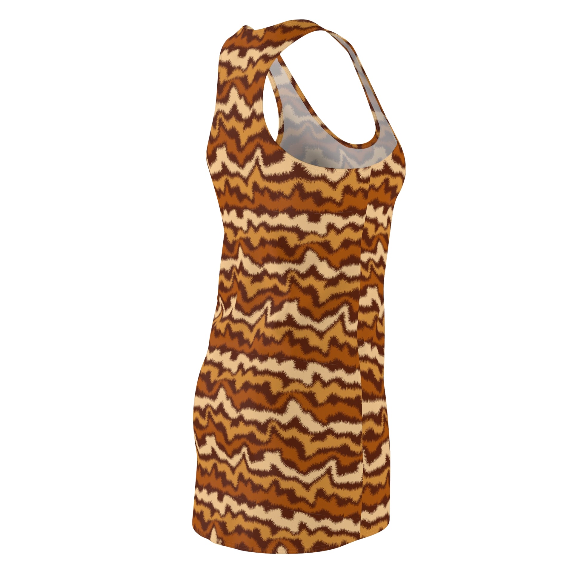 A sleeveless racerback tank top featuring a horizontal wavy zigzag pattern in shades of brown, rust orange, and beige, shown on a plain white background. Elegant Chic Women's Summer Dress: Bold Brown Wave Pattern