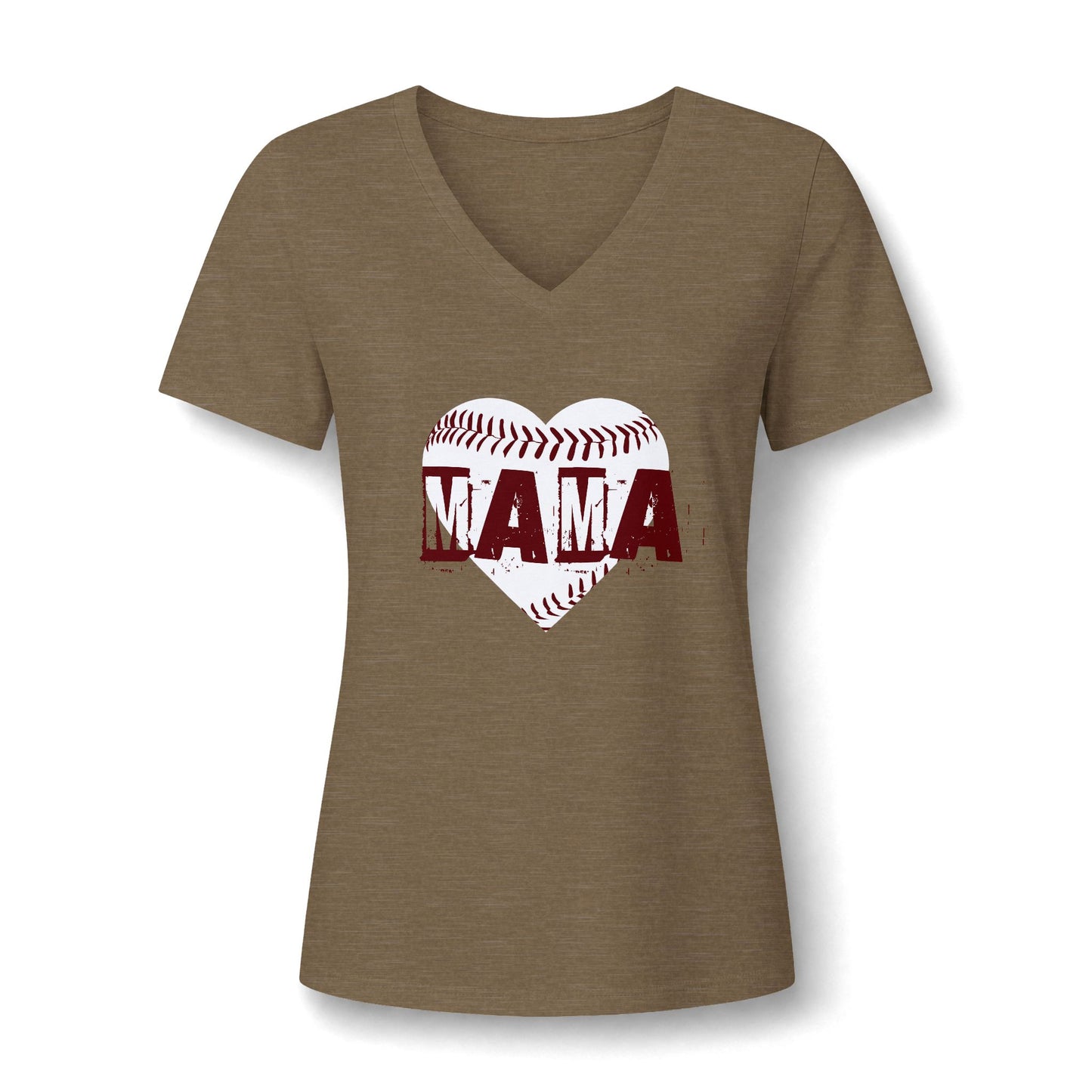 A women's short-sleeve V-neck t-shirt in heathered brown, featuring a graphic of a baseball heart with the word 'MAMA' printed across it in dark red.