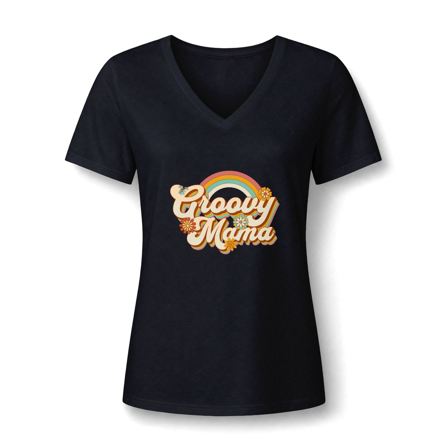 A women's short-sleeve V-neck t-shirt in black, featuring a retro-style 'Groovy Mama' graphic with a rainbow and floral details on the chest, displayed against a clean white background.