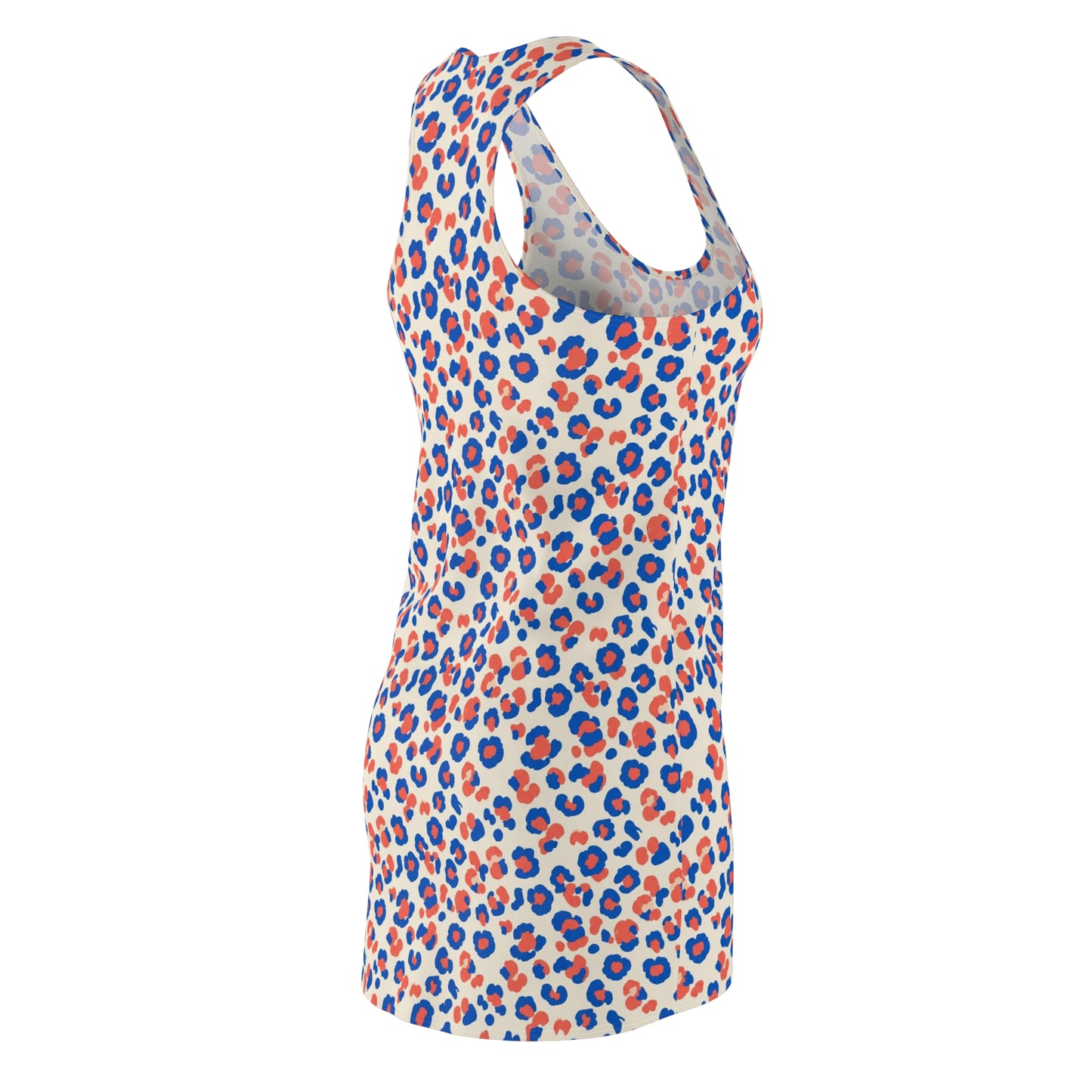 A sleeveless racerback tank top with a blue and orange leopard print pattern on a white base, shown on a plain white background. 