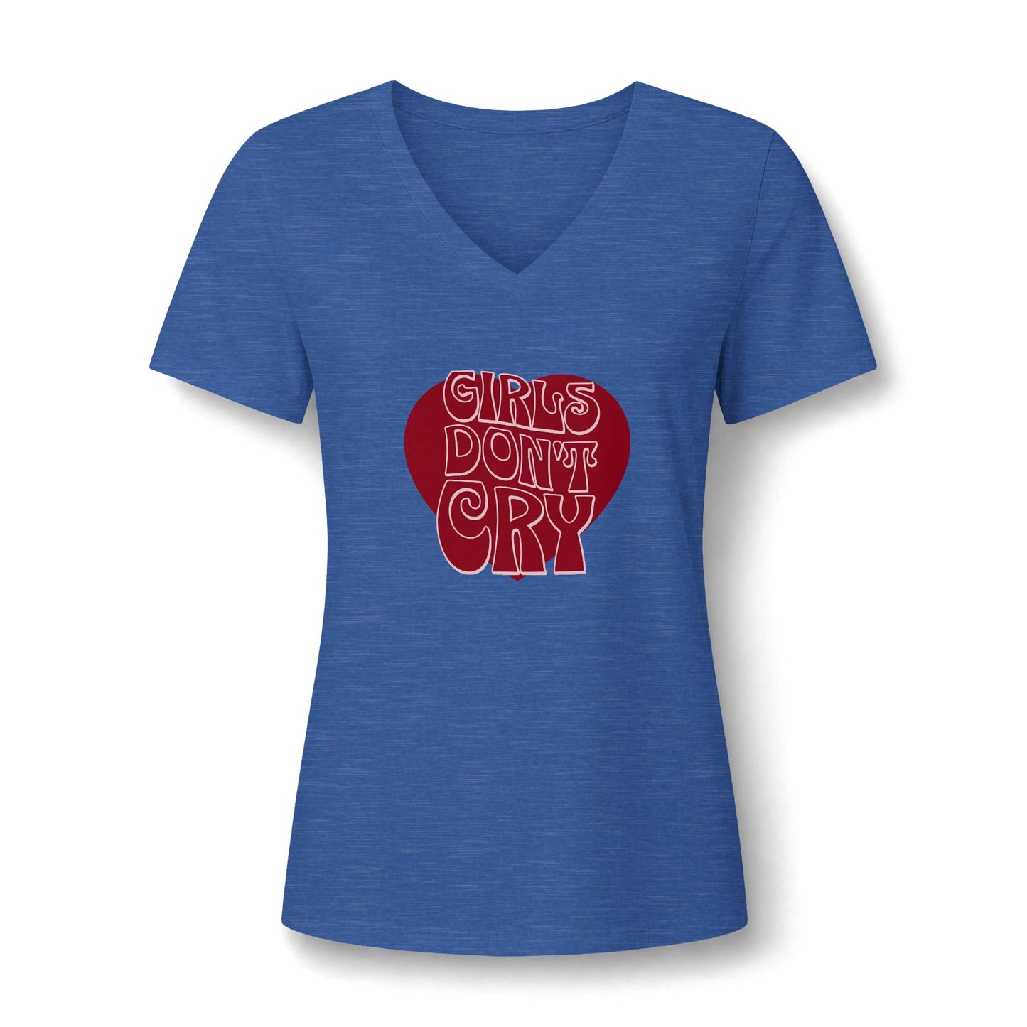 A women's heather blue V-neck t-shirt with a red graphic on the chest reading 'GIRLS DON'T CRY' in a retro bubble font.