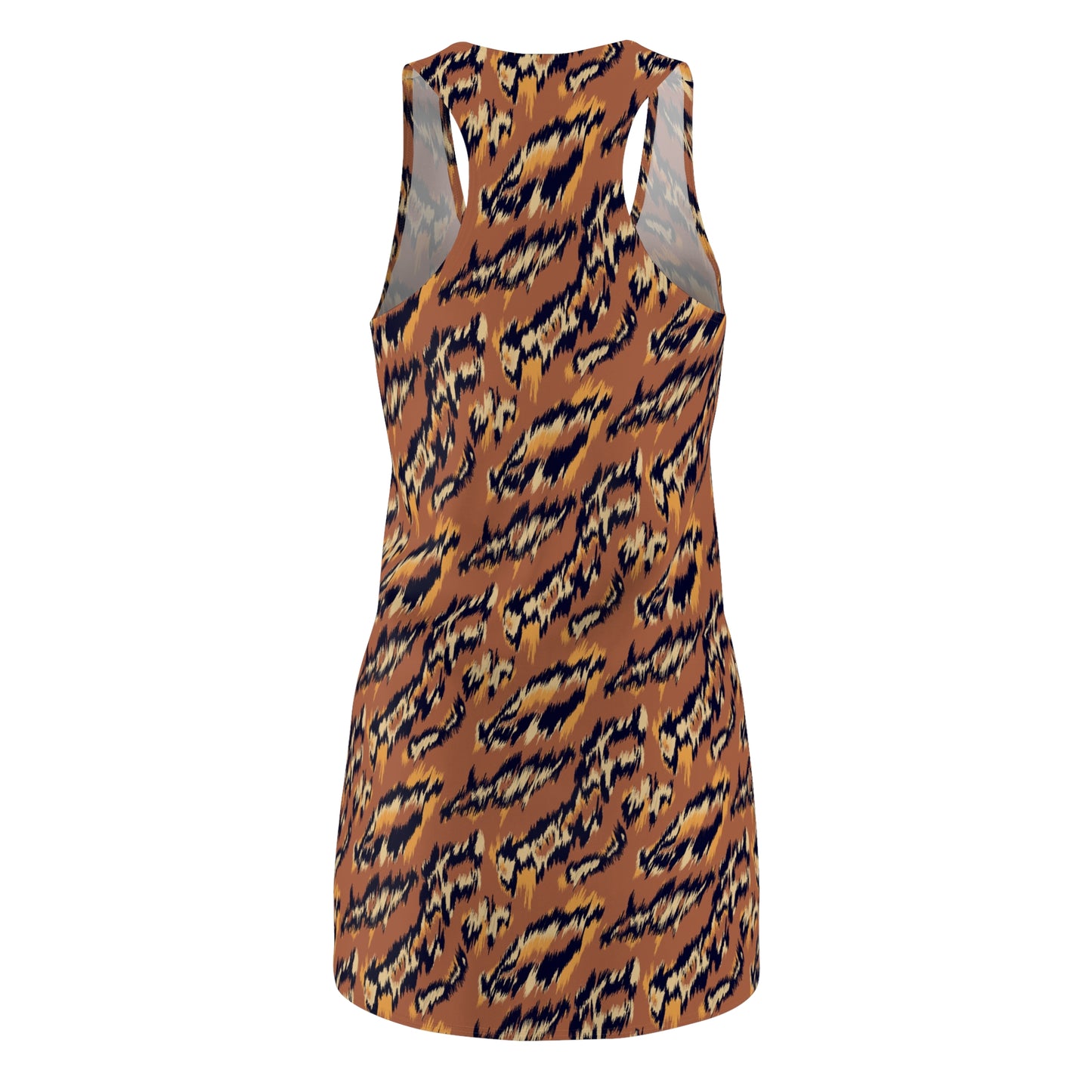 A sleeveless racerback mini dress featuring an all-over abstract tiger-stripe pattern in brown, black, and beige, shown against a plain white background. Elegant Lightweight Women's Summer Dress Bold Tiger Print