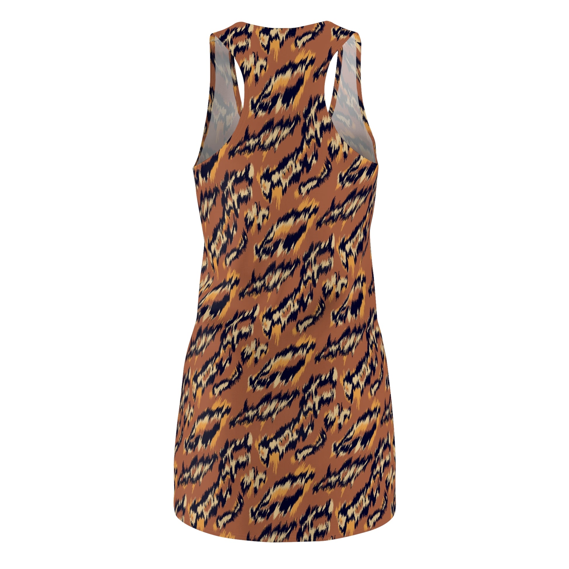 A sleeveless racerback mini dress featuring an all-over abstract tiger-stripe pattern in brown, black, and beige, shown against a plain white background. Elegant Lightweight Women's Summer Dress Bold Tiger Print